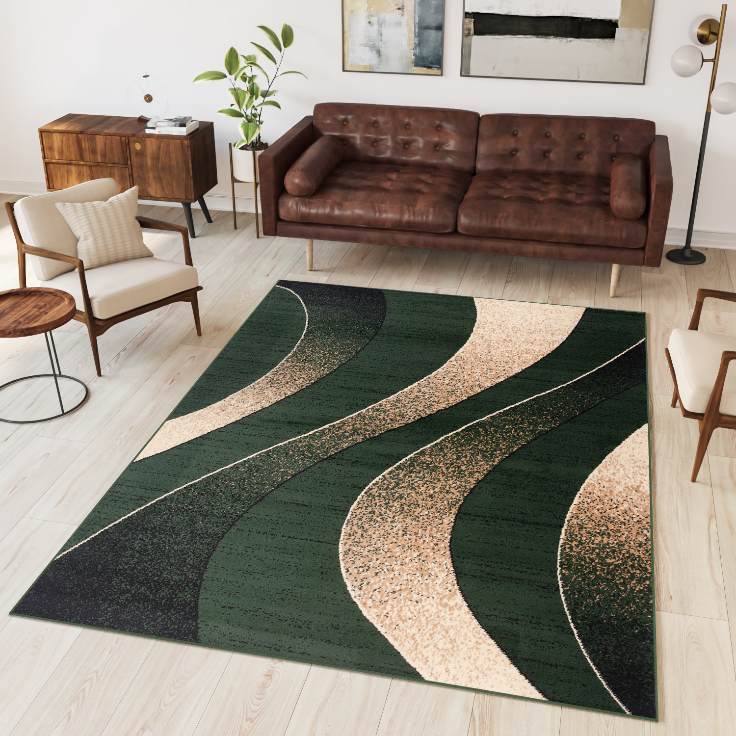 Covor Dream Modern Verde Închis Bej Valuri