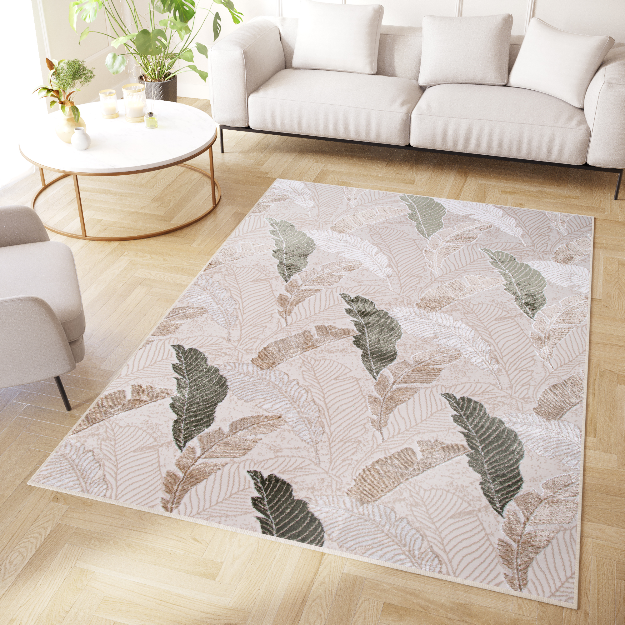 Covor Crystal Verde Maro Bej Frunze Efect 3D