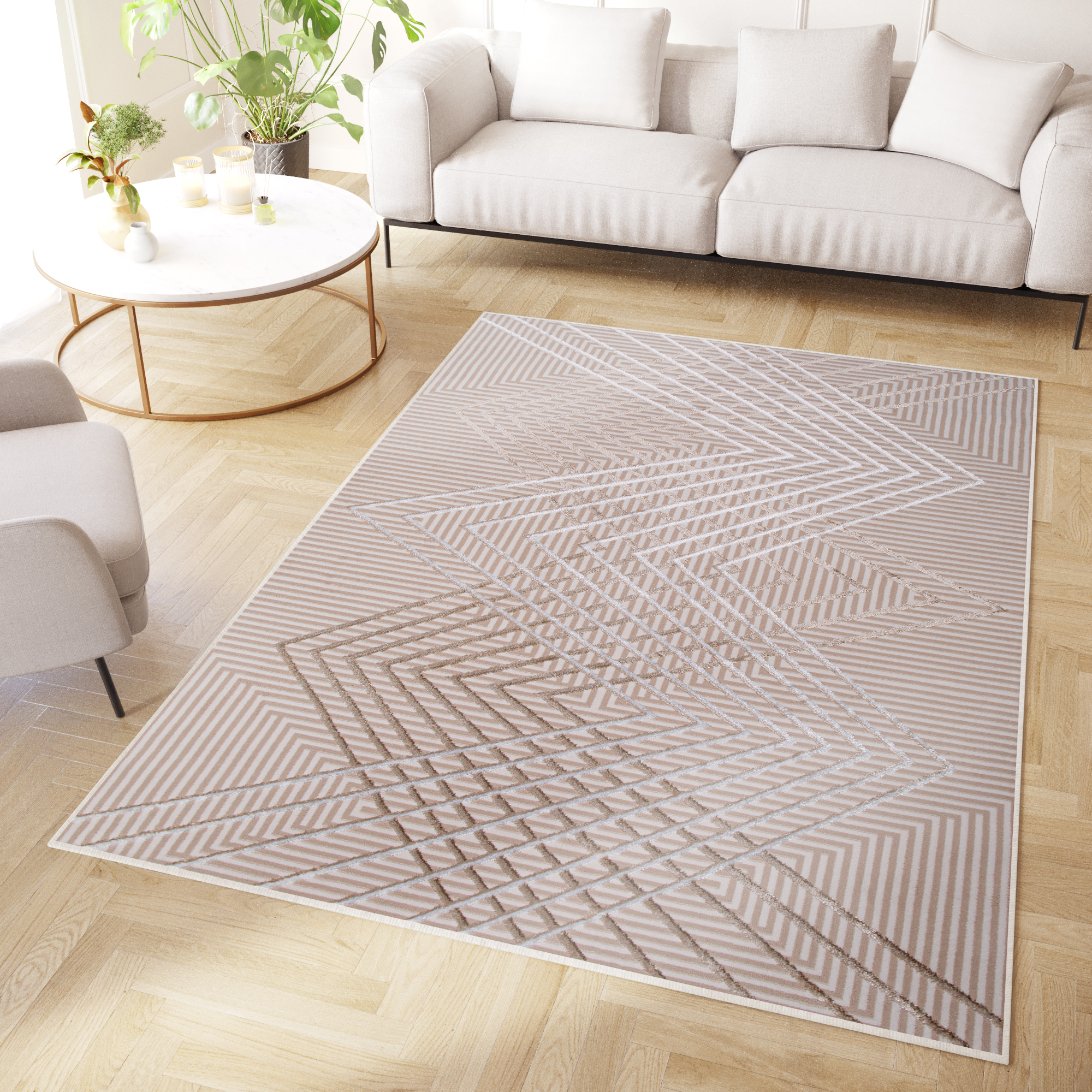 Covor Crystal Bej Maro Zigzag Geometric Efect 3D