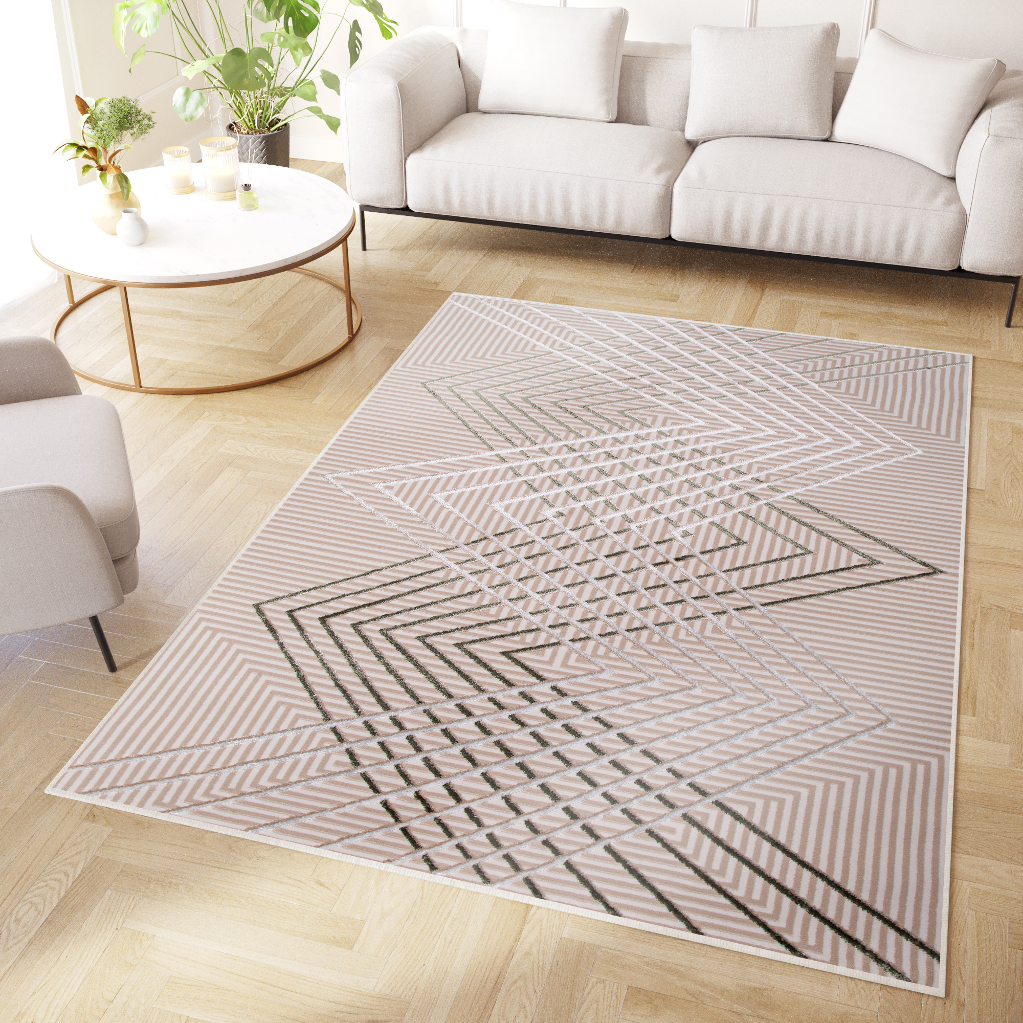 Covor Crystal Verde Bej Zigzag Geometric Efect 3D