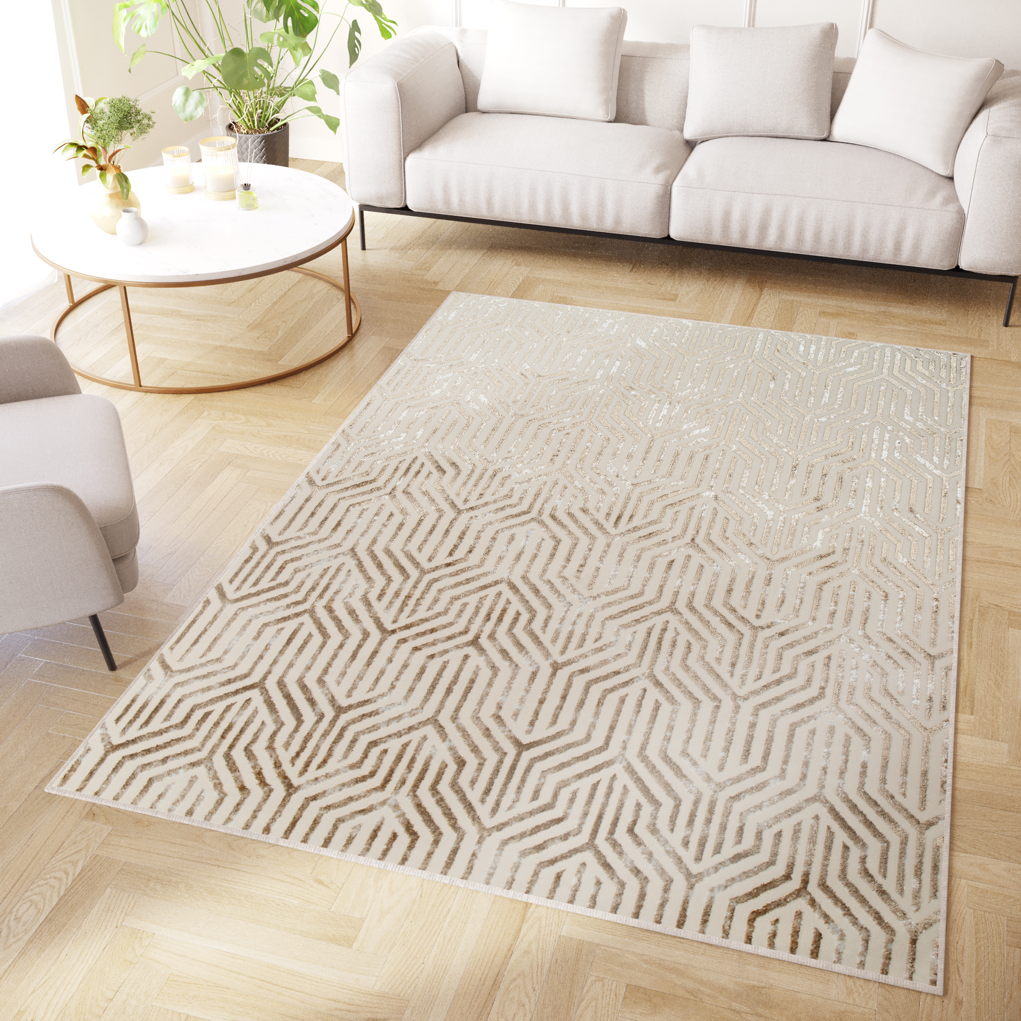 Covor Crystal Maro Crem Bej Linii Efect 3D