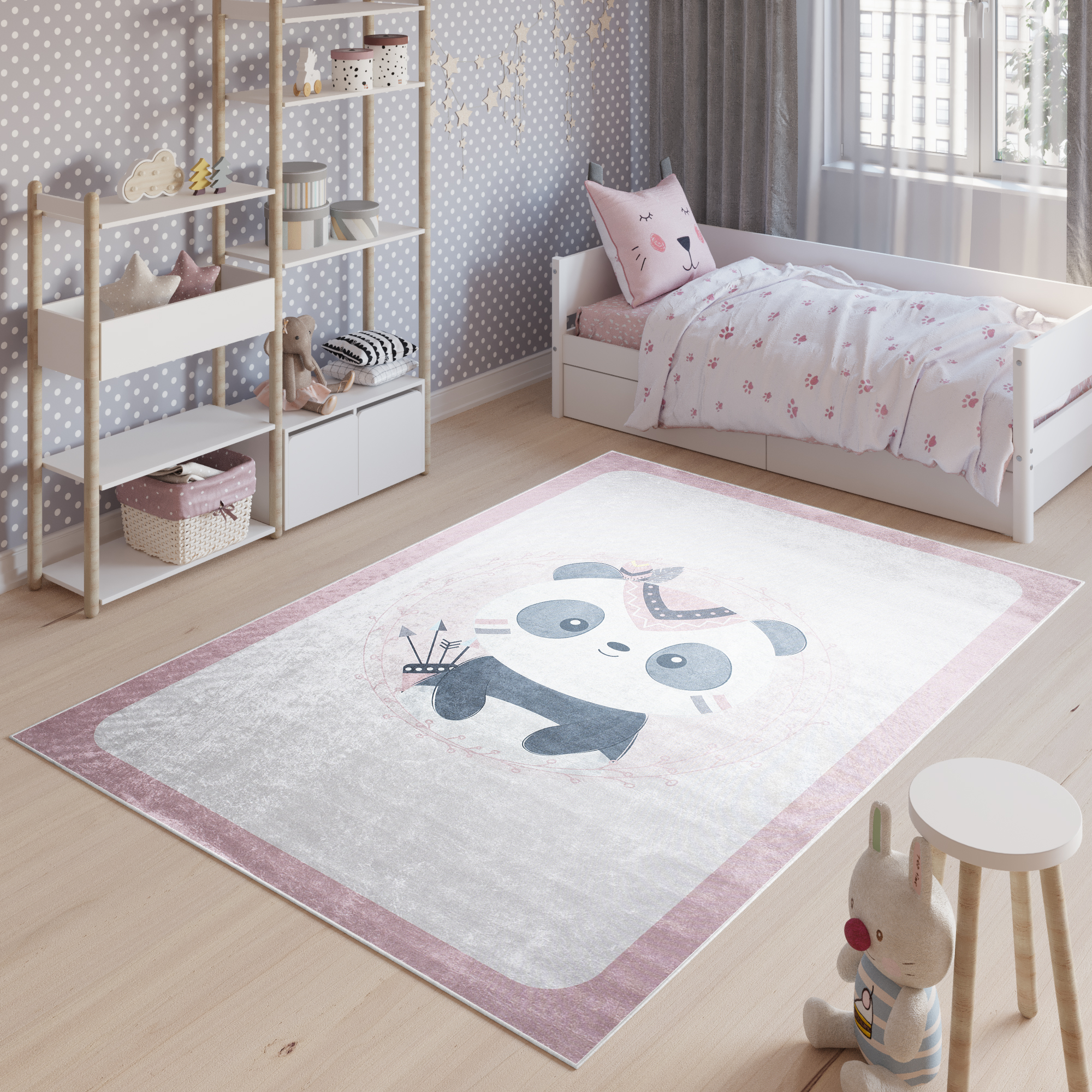 Covor Emma Antiderapant Lavabil Roz Panda