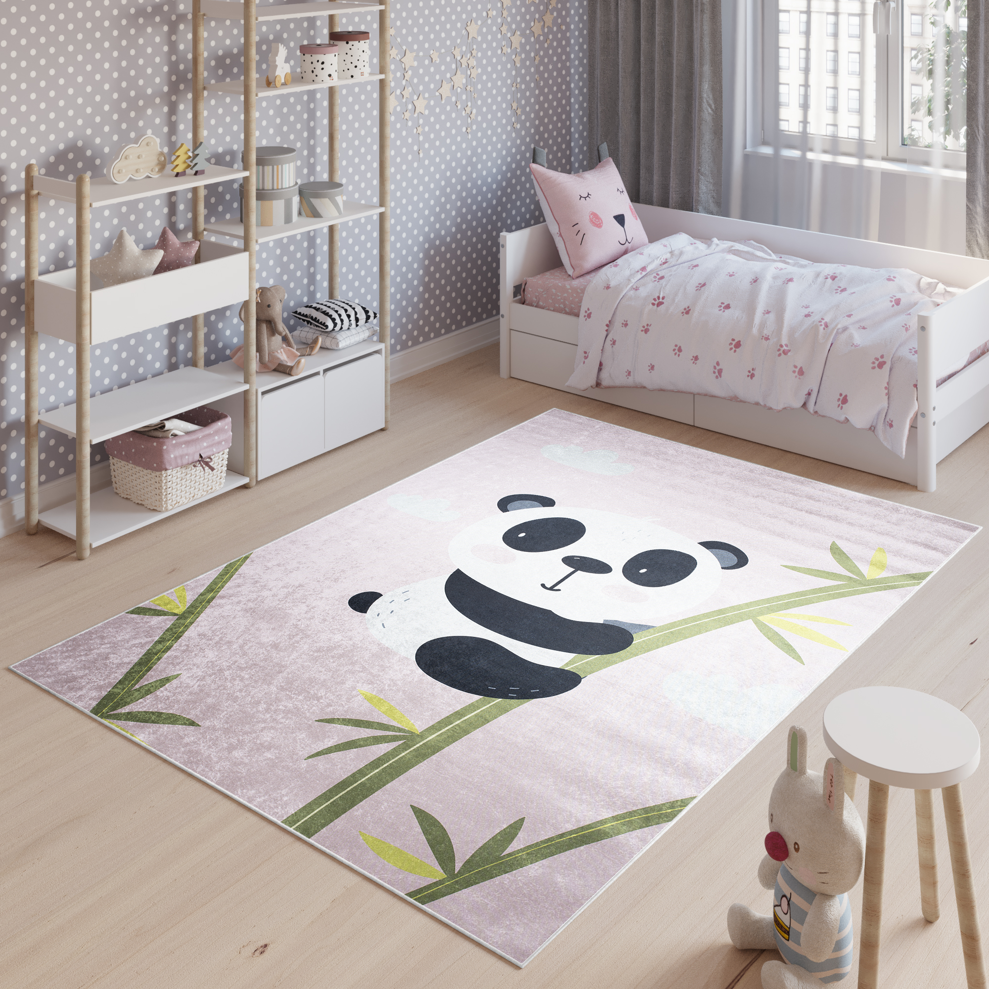 Covor Emma Antiderapant Lavabil Roz Panda Bambus