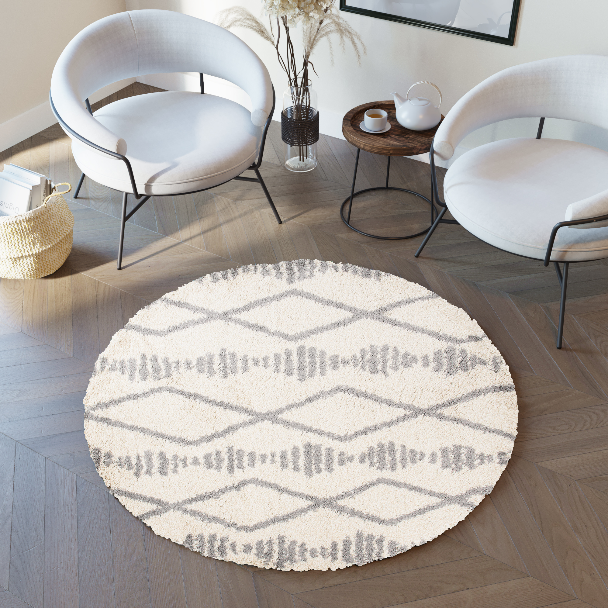 Covor Boho Rotund Crem Romburi Shaggy