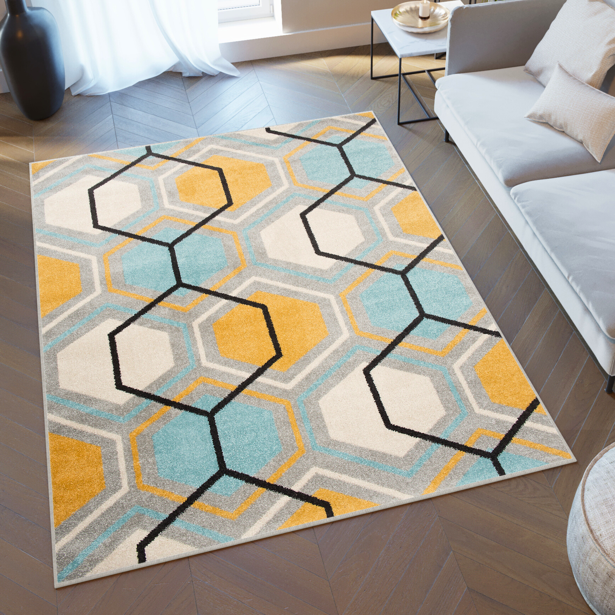 Covor Lazur Gri Galben Albastru Geometric Cub