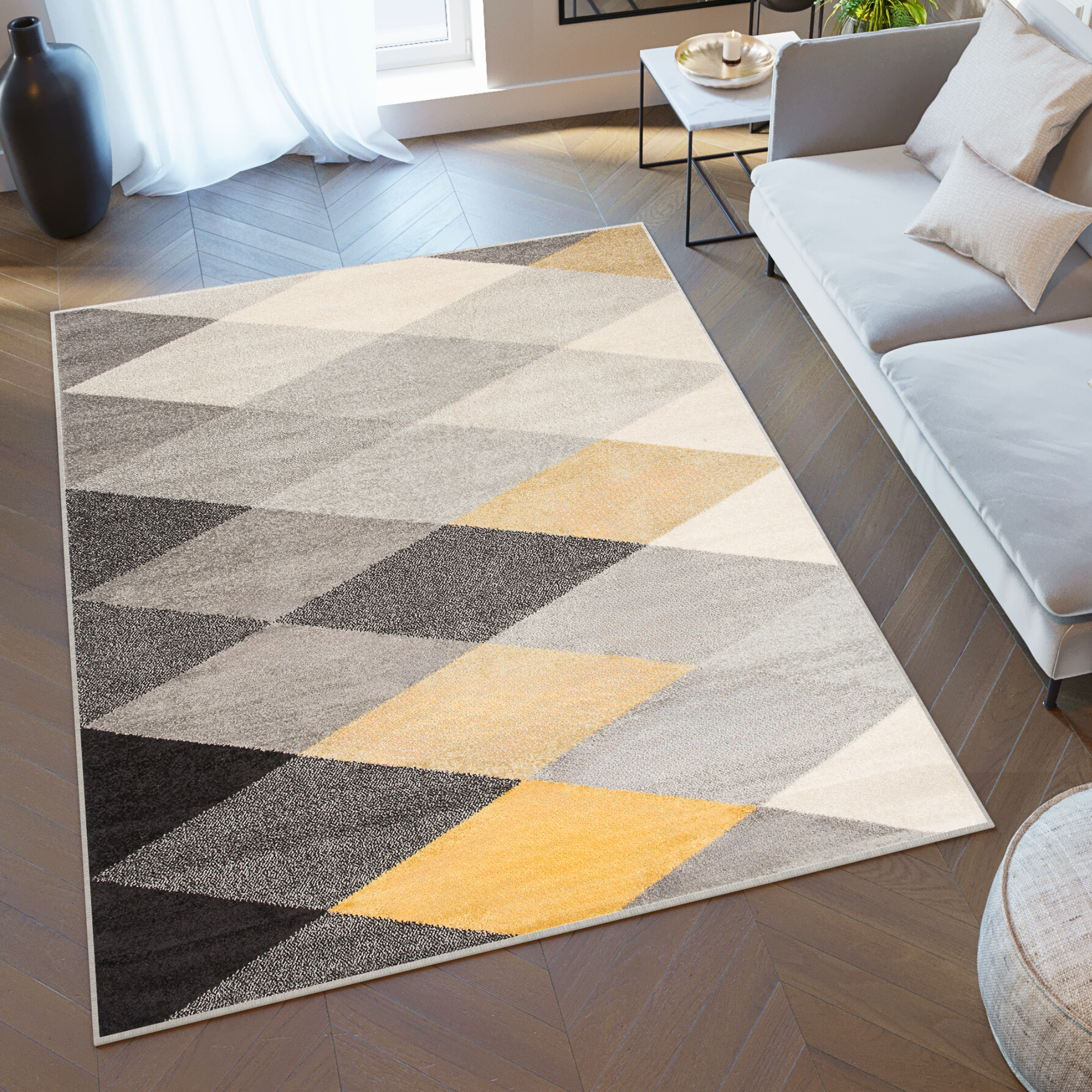 Covor Lazur Gri Galben Geometric Romburi