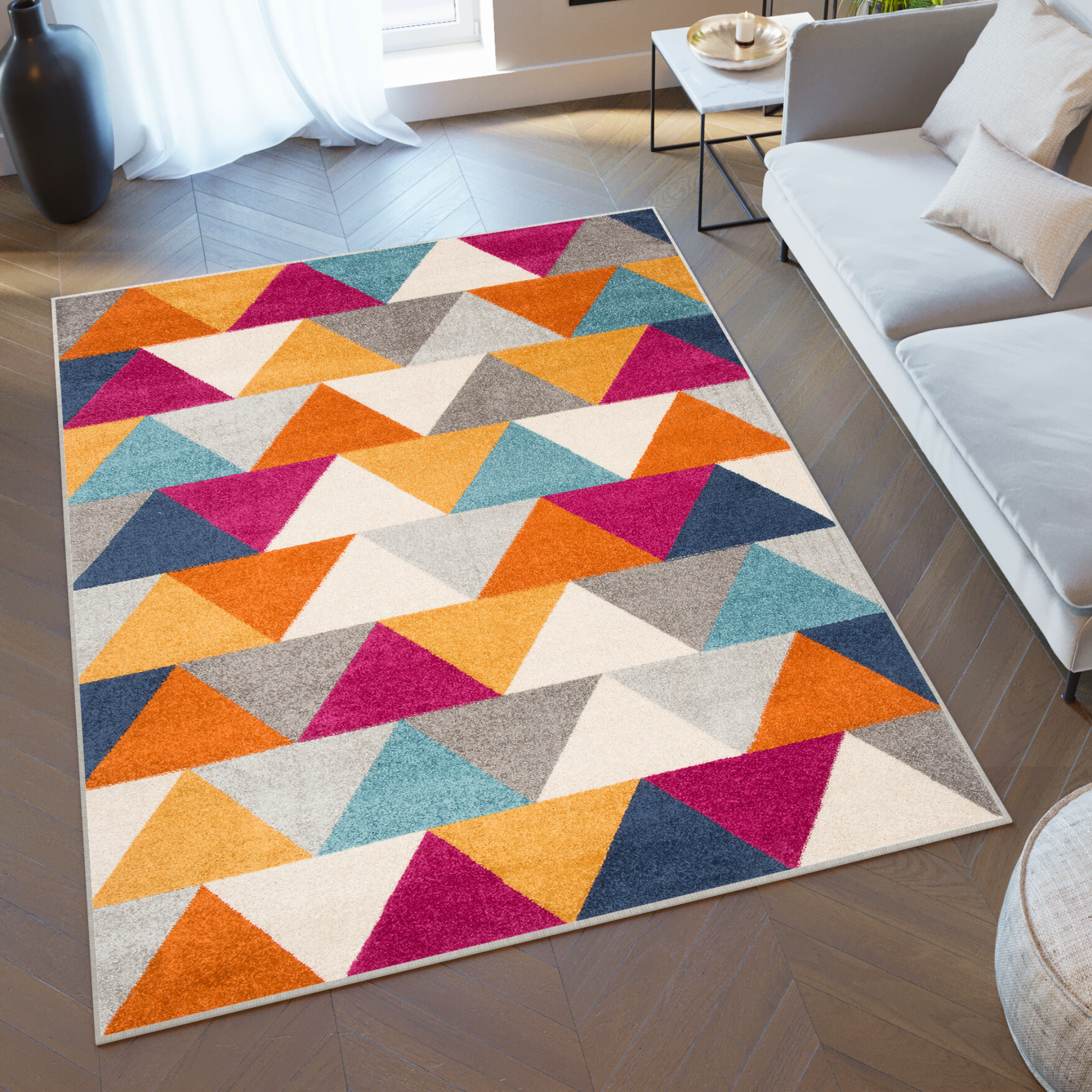 Covor Lazur Portocaliu Multicolor Geometric Triunghiuri