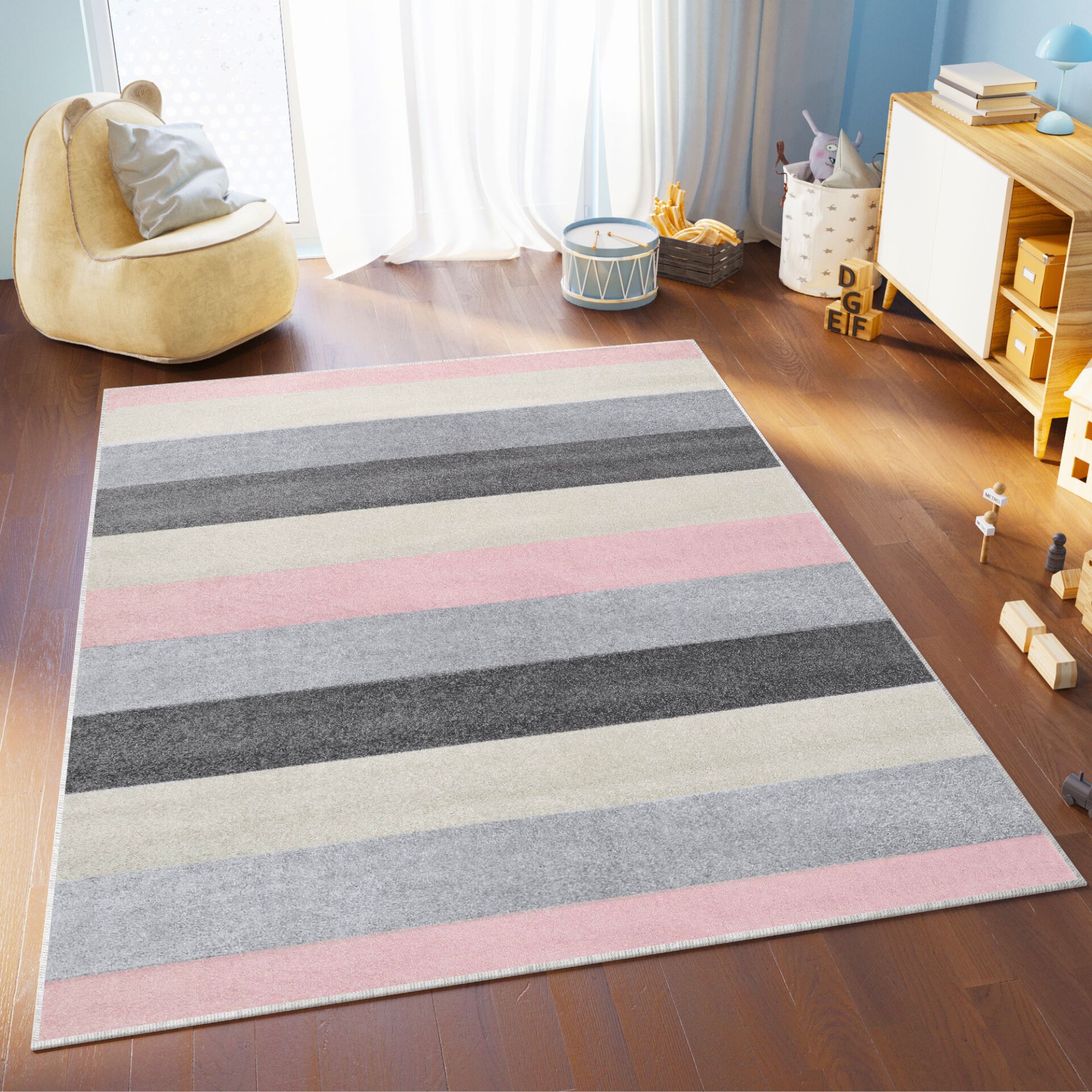 Covor Lazur Gri Roz Geometric Linii