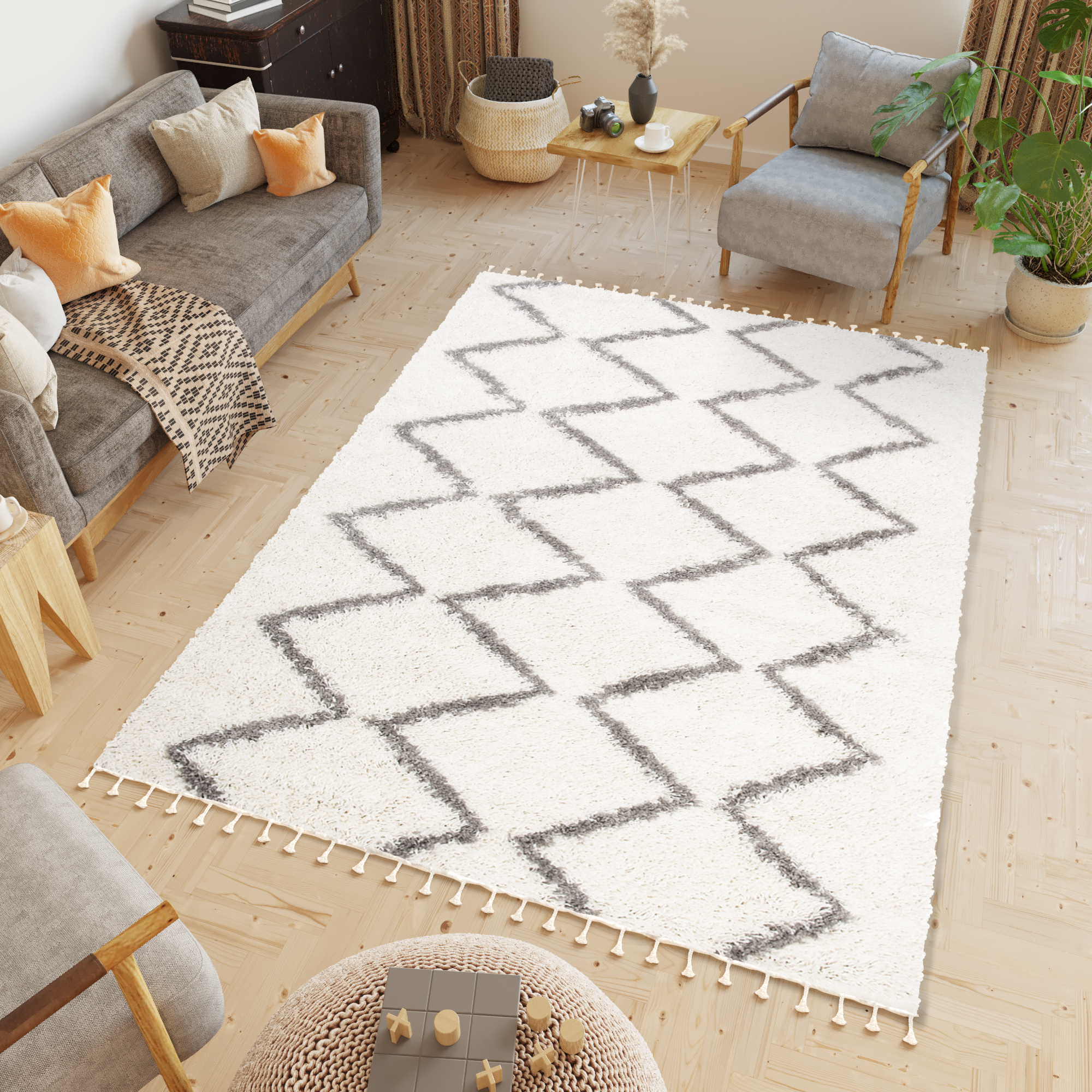 Covor Boho cu Ciucuri Crem Zigzag Shaggy
