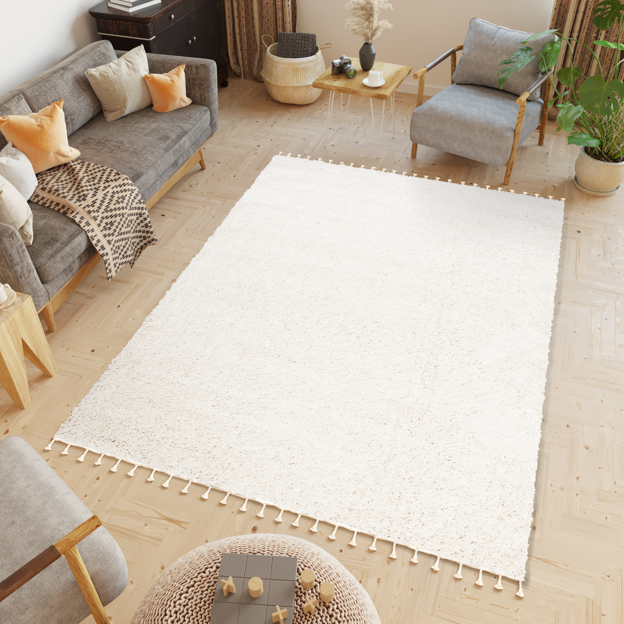 Covor Boho cu Ciucuri Crem Shaggy