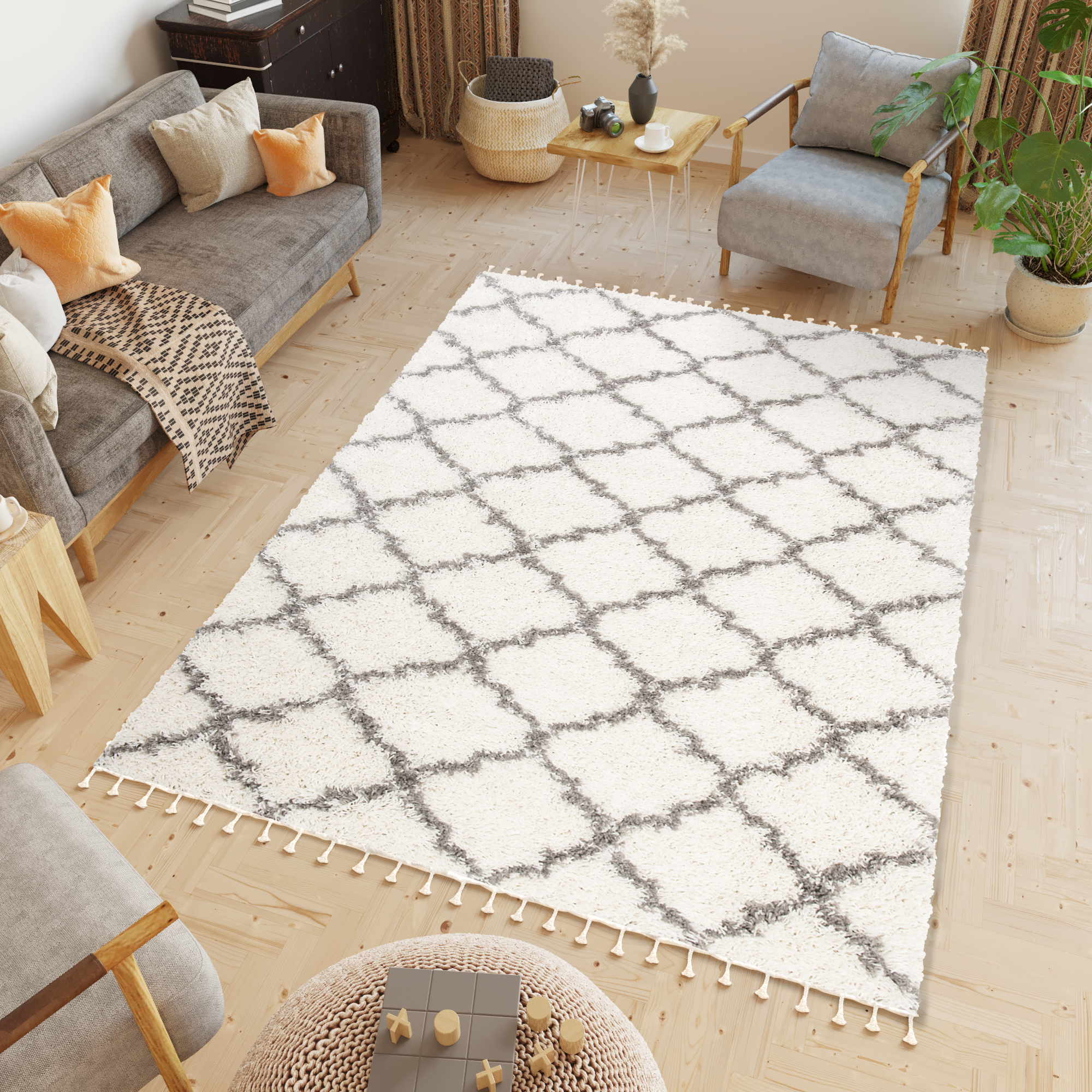Covor Boho cu Ciucuri Crem Trellis Shaggy