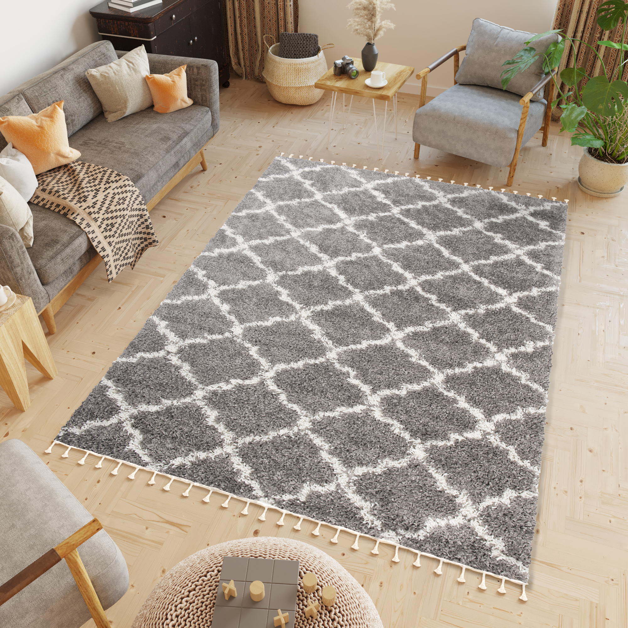 Covor Boho cu Ciucuri Gri Trellis Shaggy
