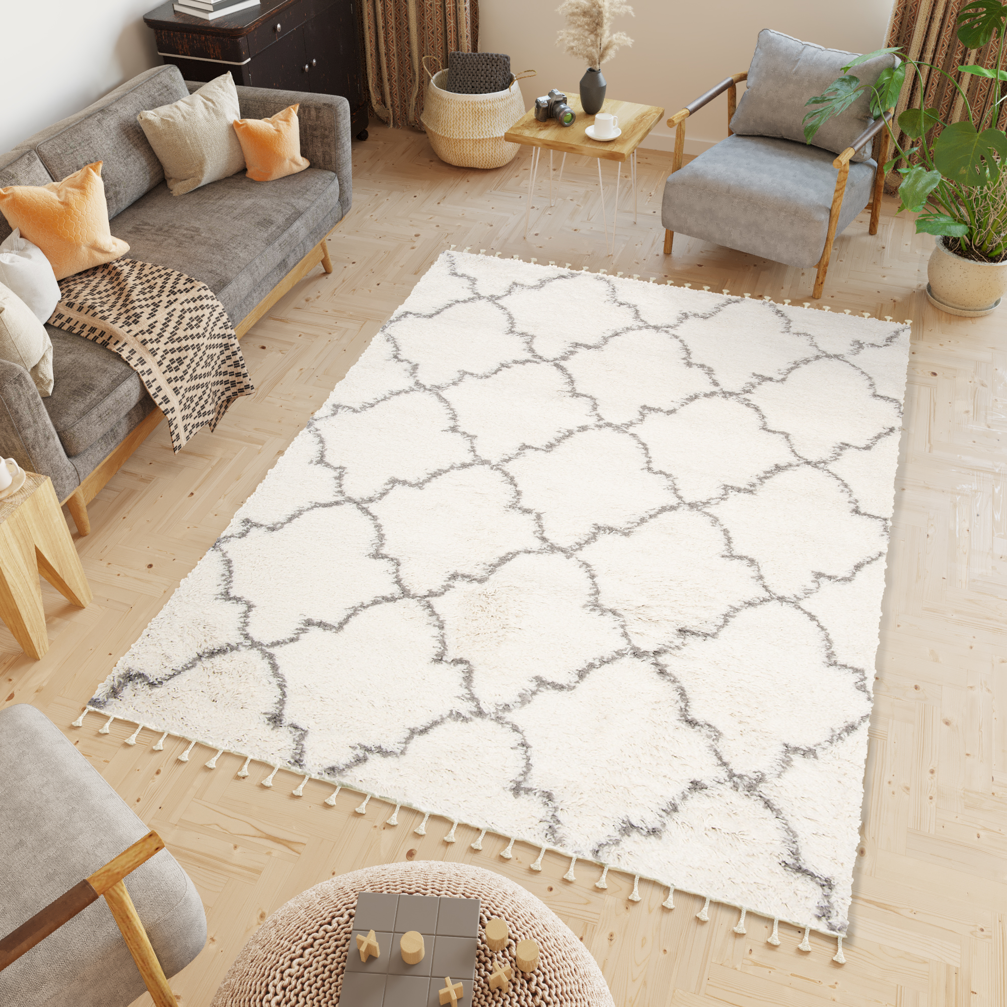 Covor Boho cu Ciucuri Crem Trifoi Marocan