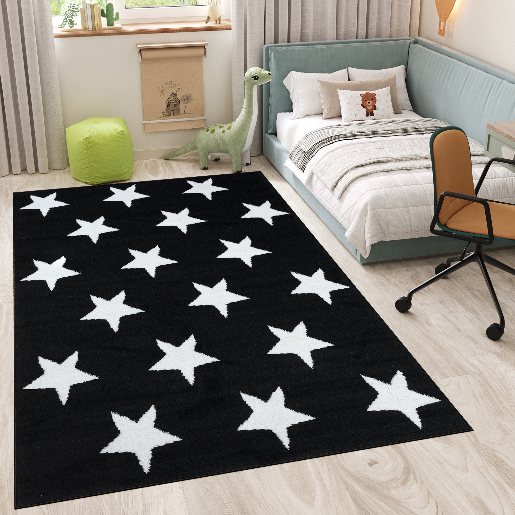 Covor Luxury Negru Alb Stele pentru Copii