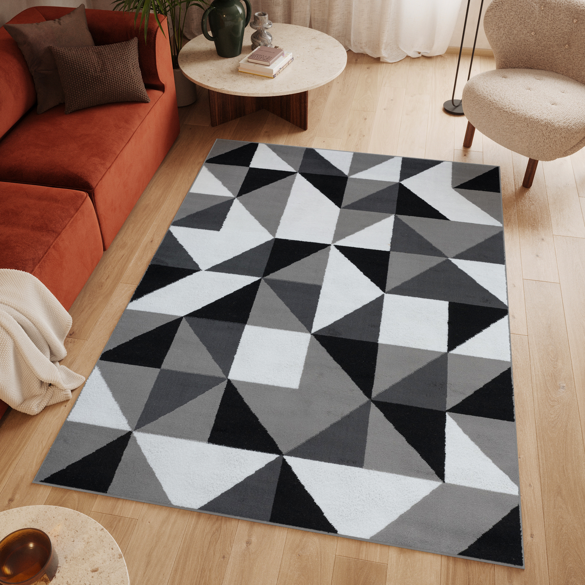 Covor Luxury Gri Negru Pătrate Triunghiuri