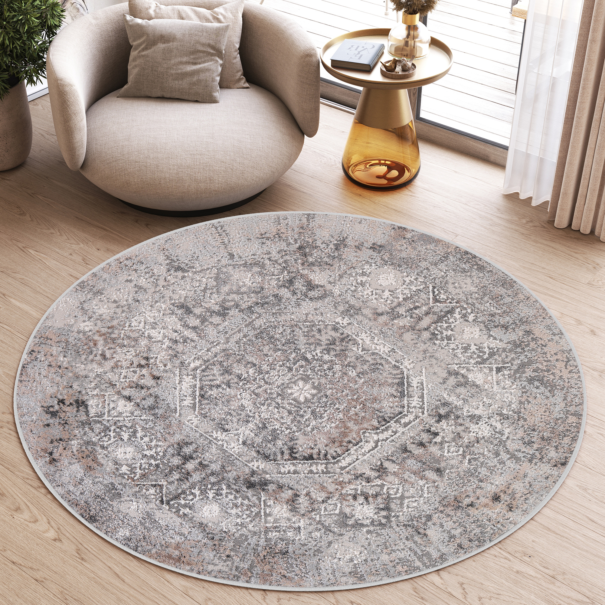 Covor Valley Rotund Gri Bej Ornamente Vintage