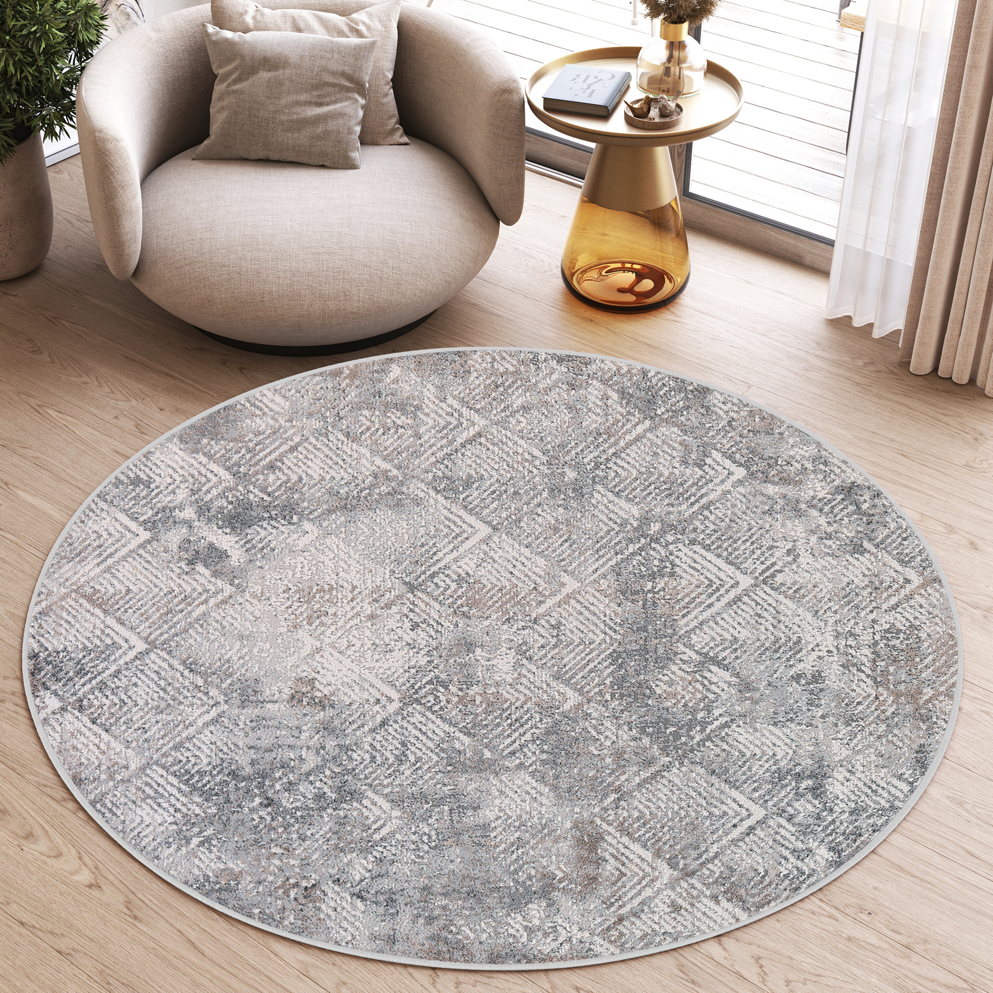 Covor Valley Rotund Gri Bej Geometric Pătrat