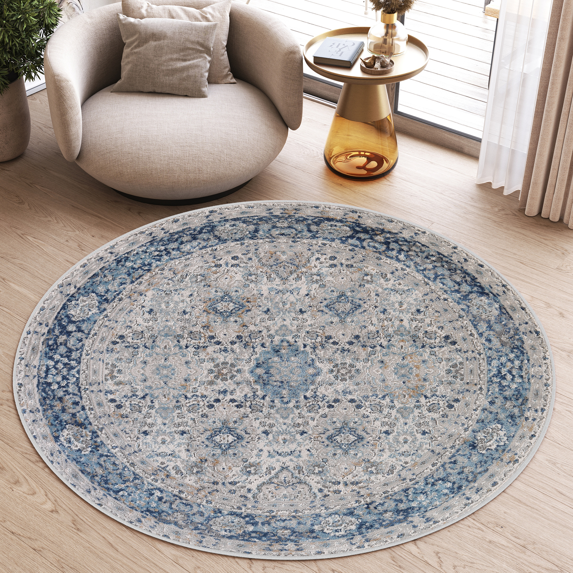 Covor Valley Rotund Gri Albastru Ornamente Vintage