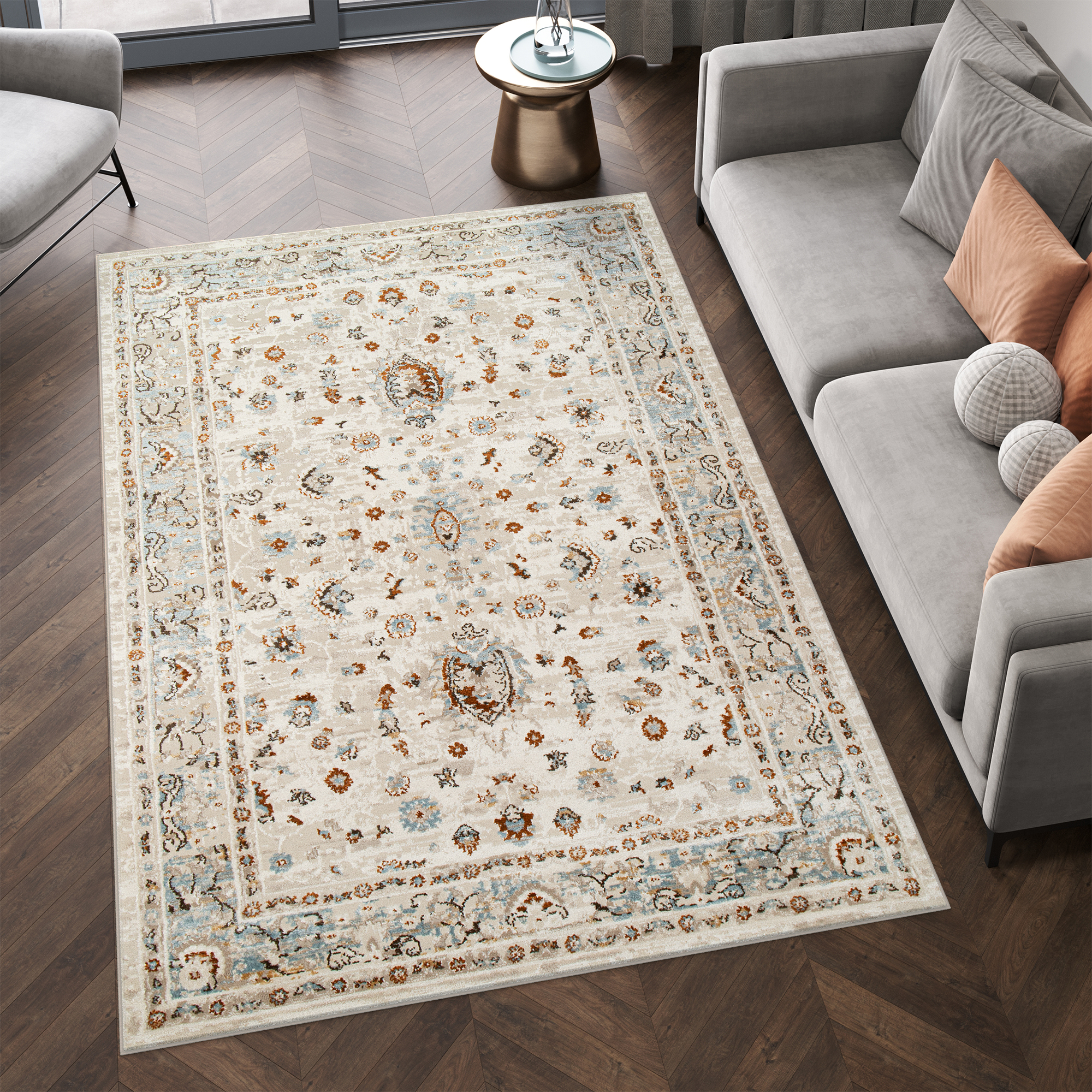 Covor Retro Albastru Gri Ornamente Vintage