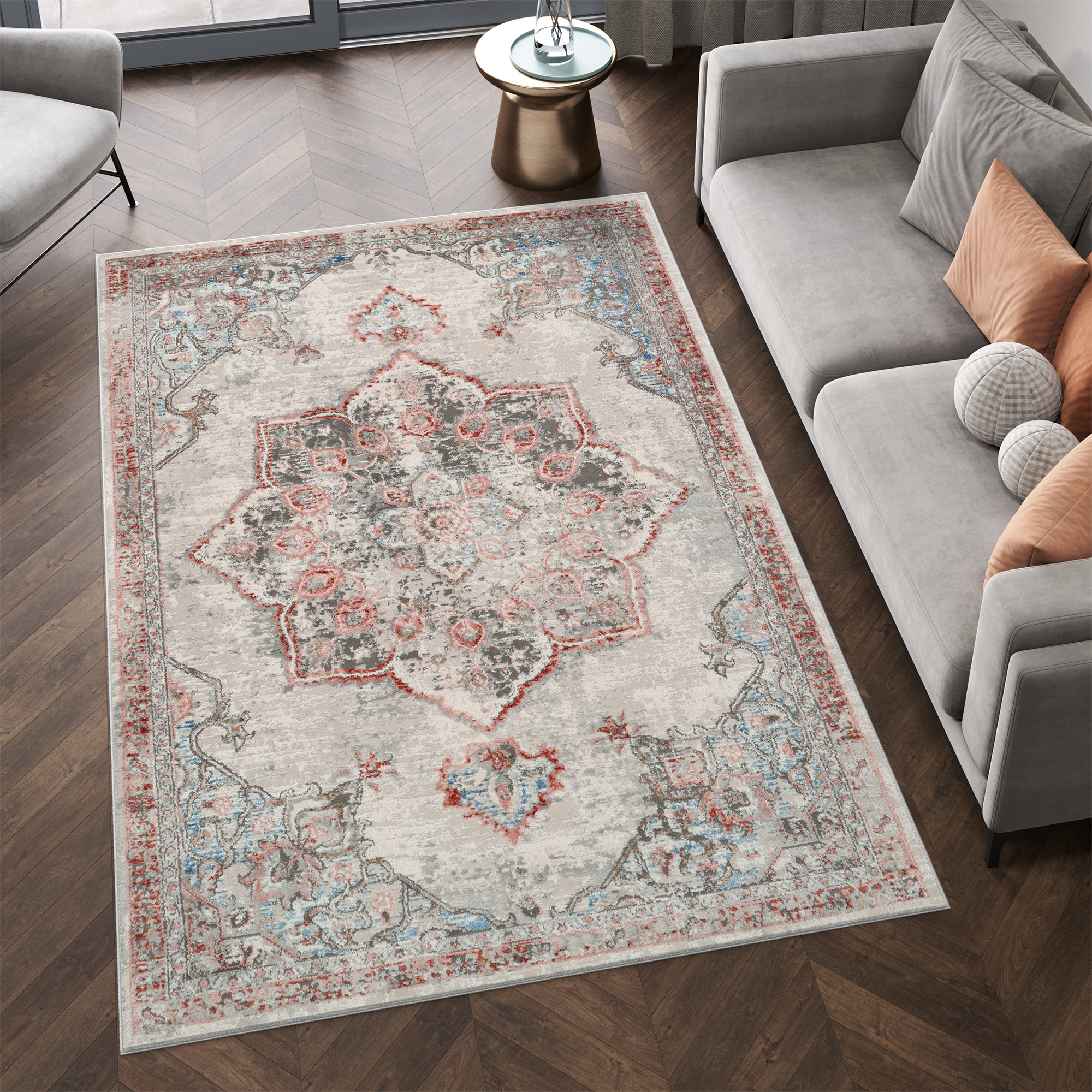 Covor Retro Roșcat Gri Floare de Lotus Vintage