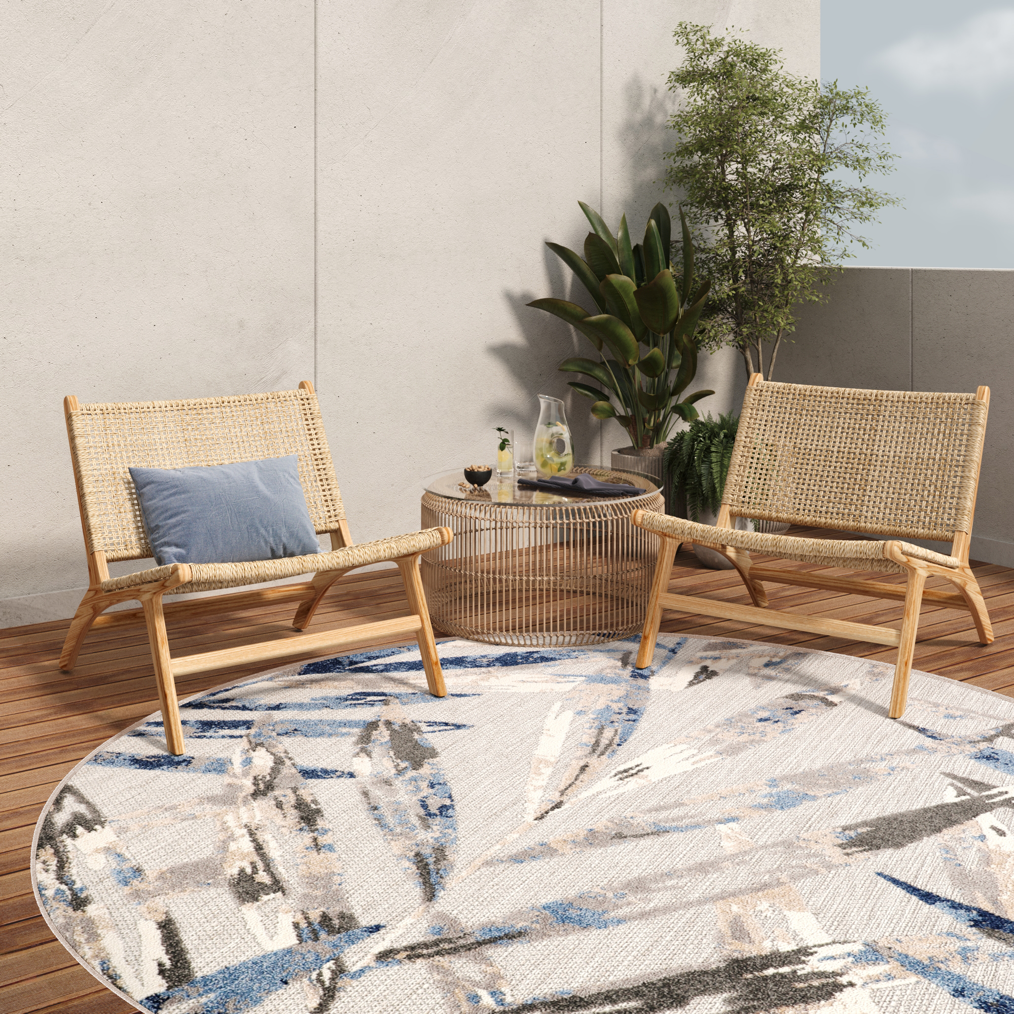 Covor de Exterior Patio Rotund Gri Frunze