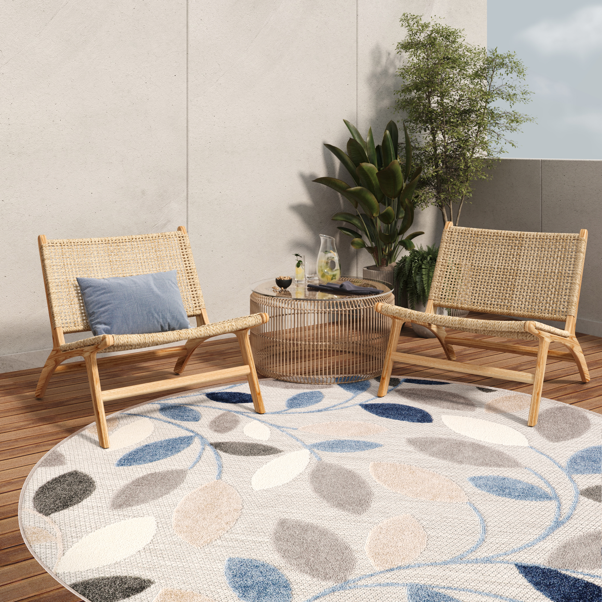 Covor de Exterior Patio Rotund Gri Albastru Frunze