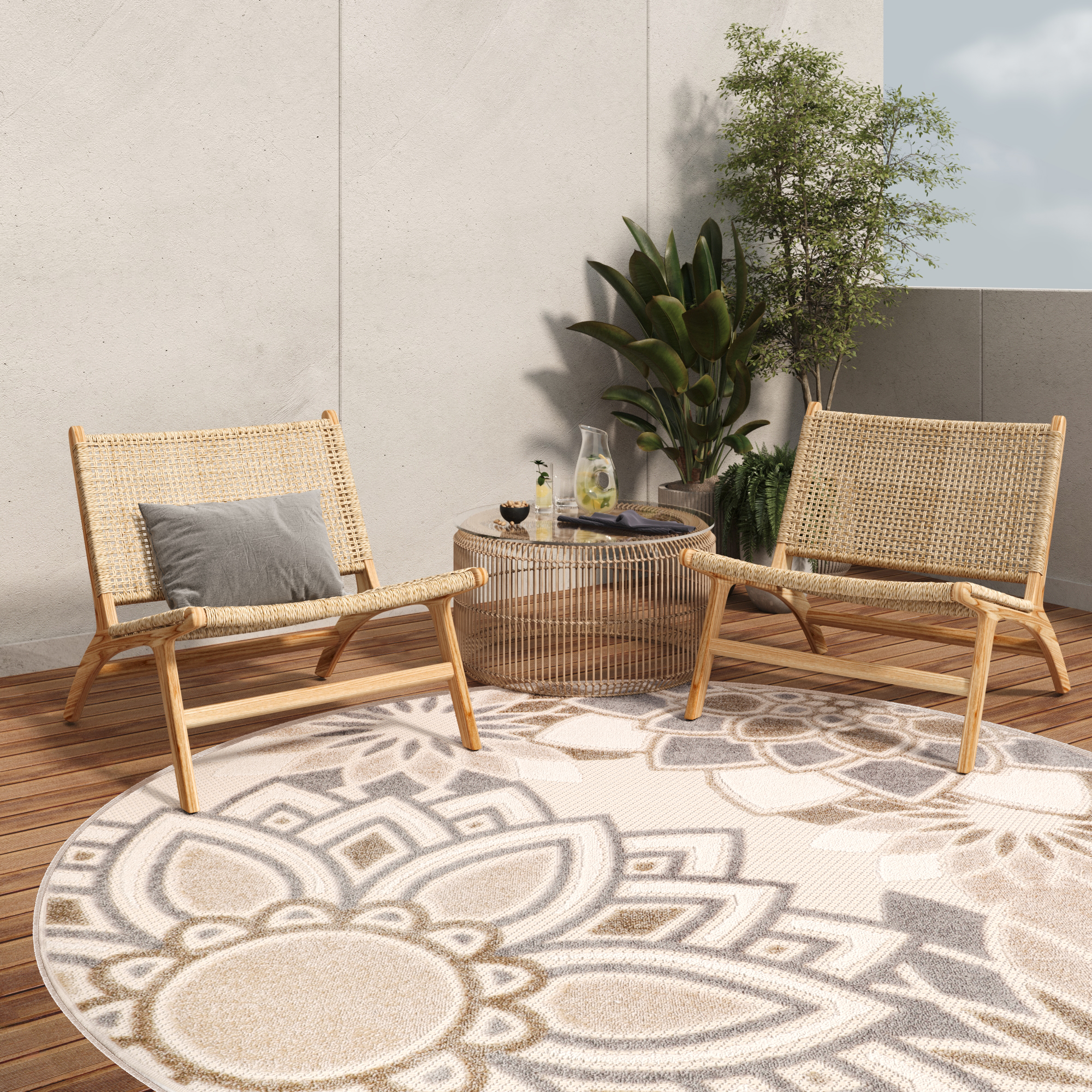 Covor de Exterior Patio Rotund Crem Gri Flori