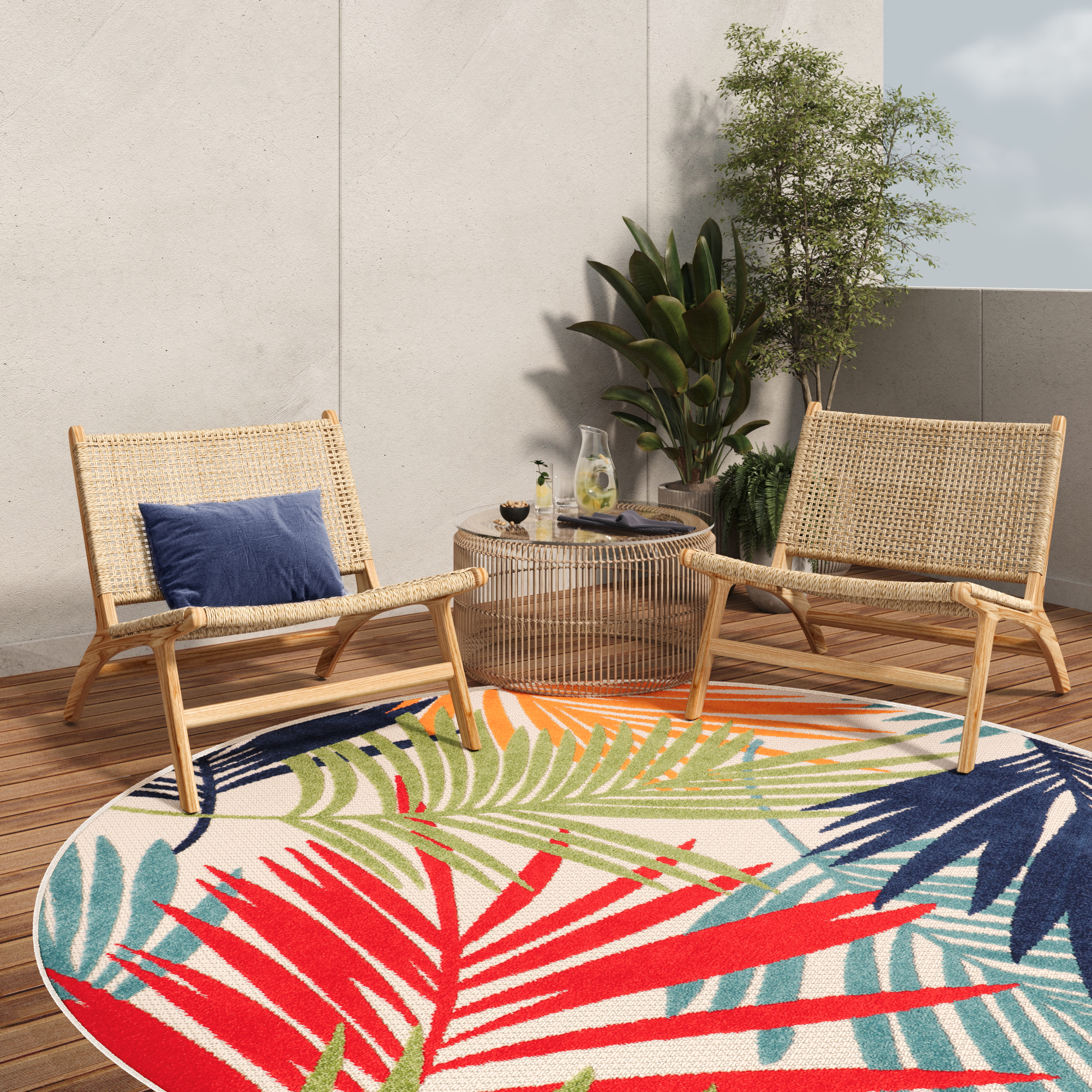 Covor de Exterior Patio Rotund Multicolor Frunze
