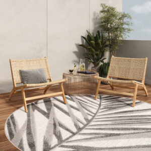 Covor de Exterior Patio Rotund Gri Bej Frunze