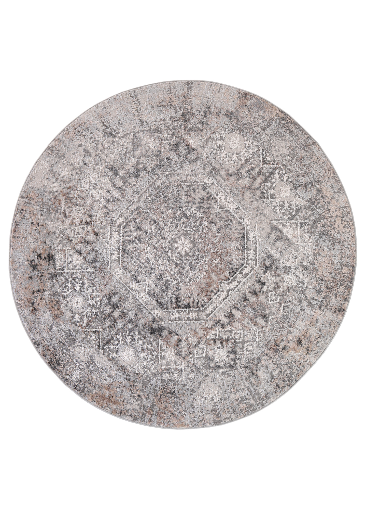 Covor Valley Rotund Gri Bej Ornamente Vintage