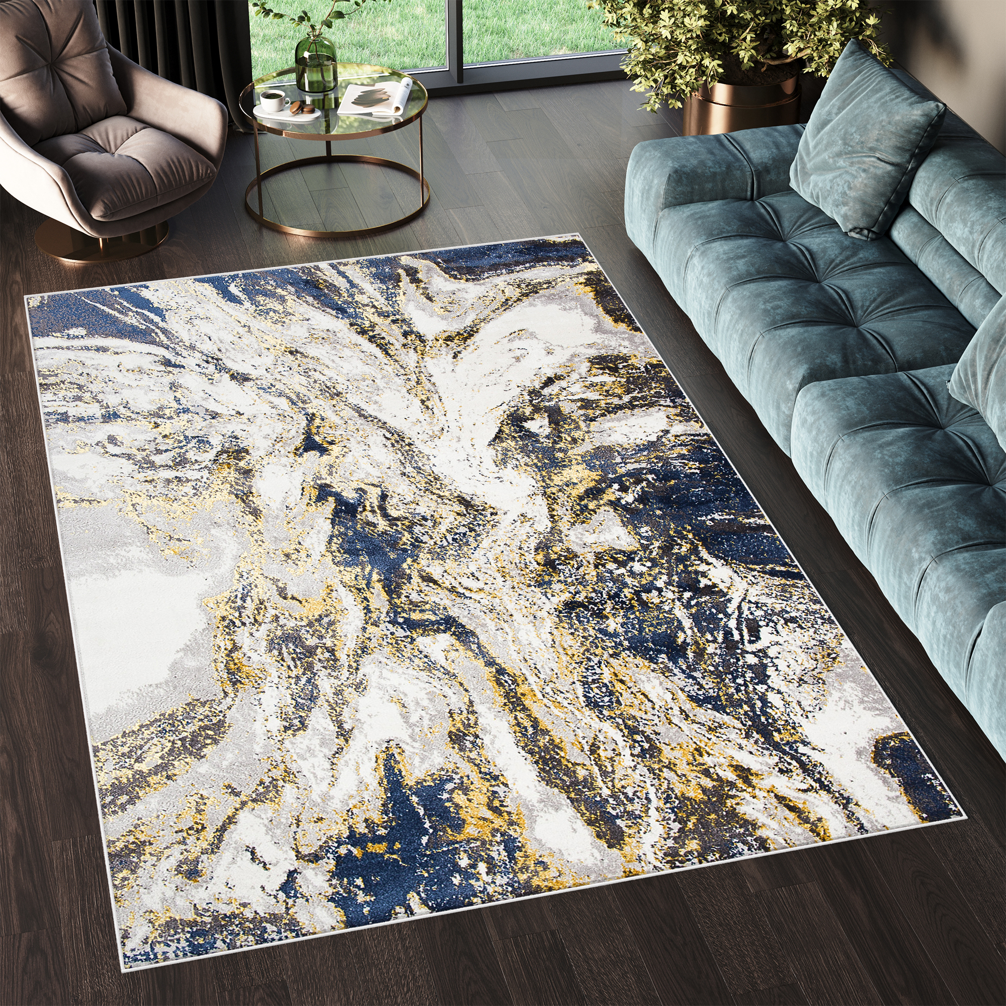 Covor Shine Albastru Crem Auriu Abstract Efect 3D