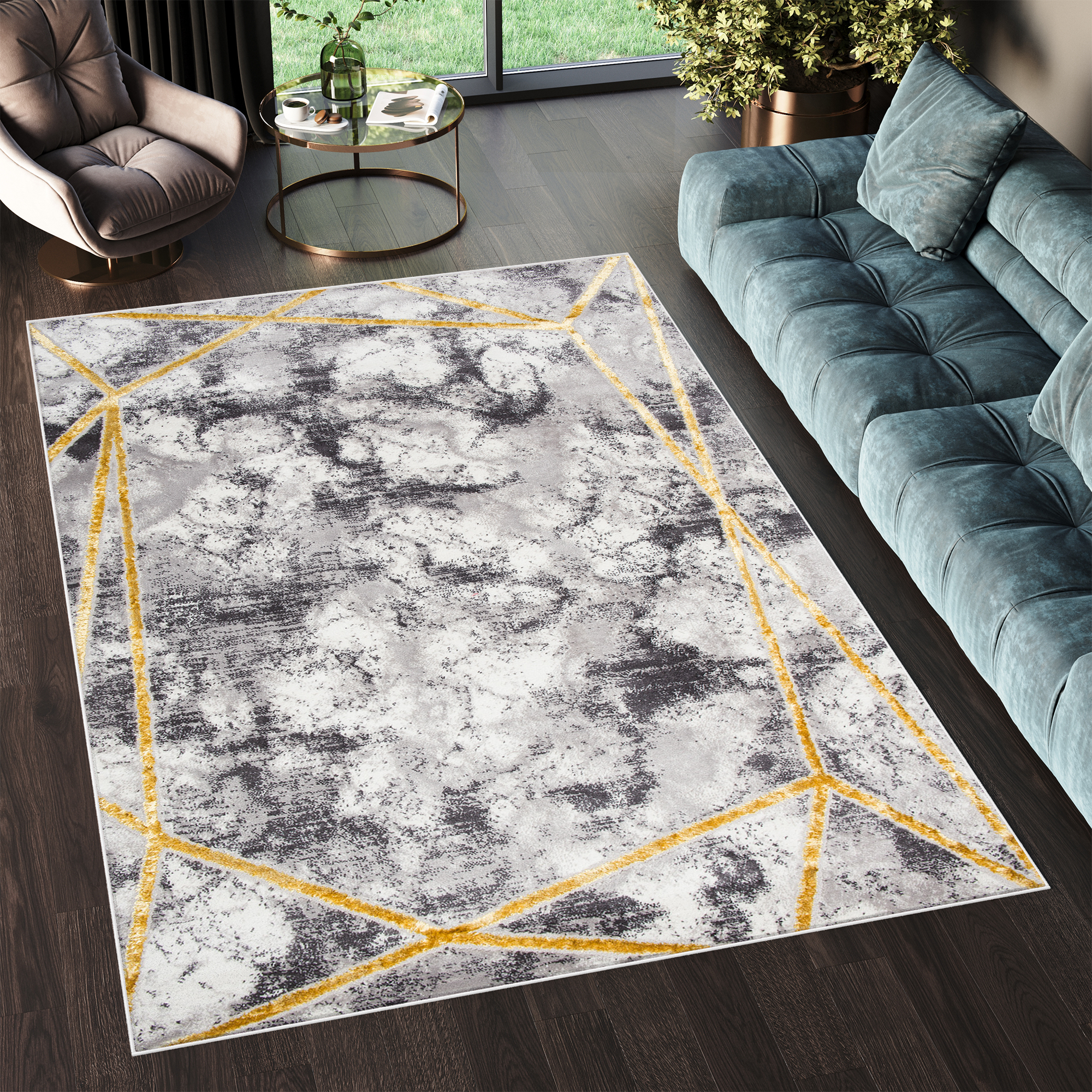 Covor Shine Gri Auriu Modern Linii Efect 3D