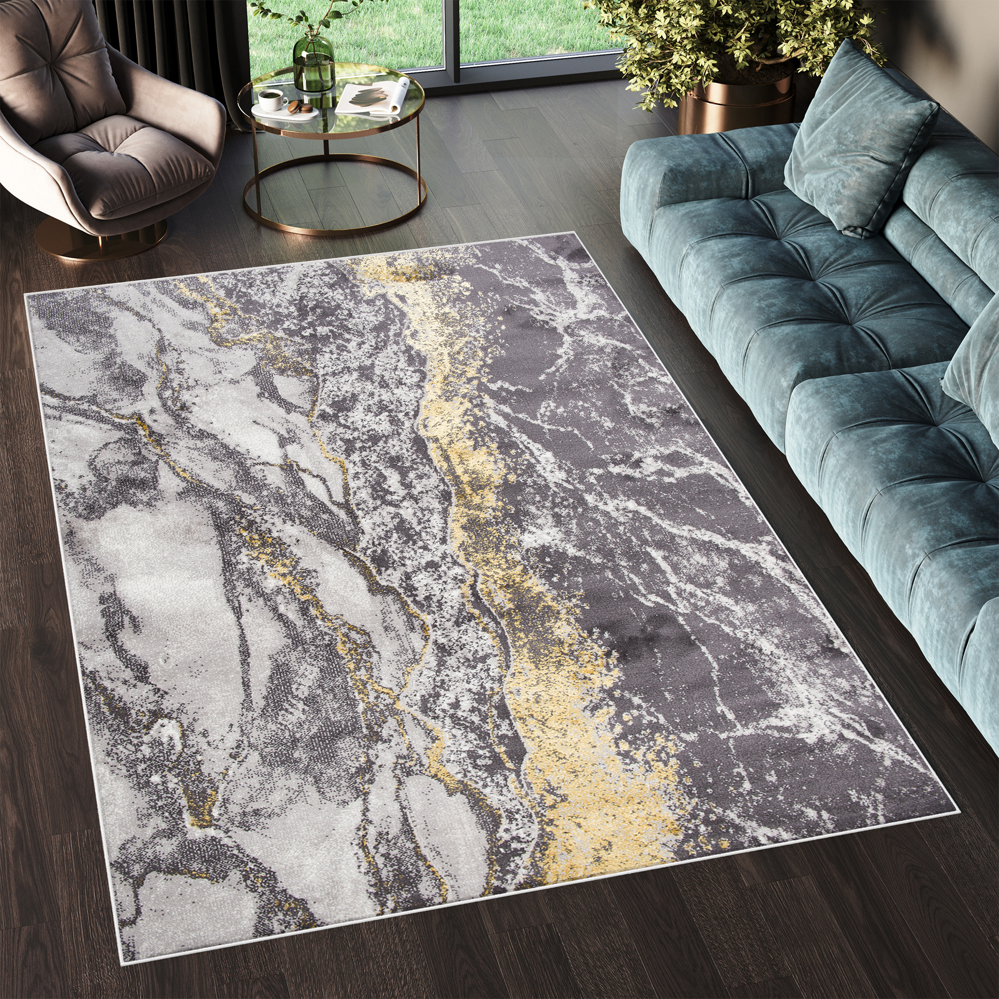 Covor Shine Gri Auriu Modern Marmură Efect 3D
