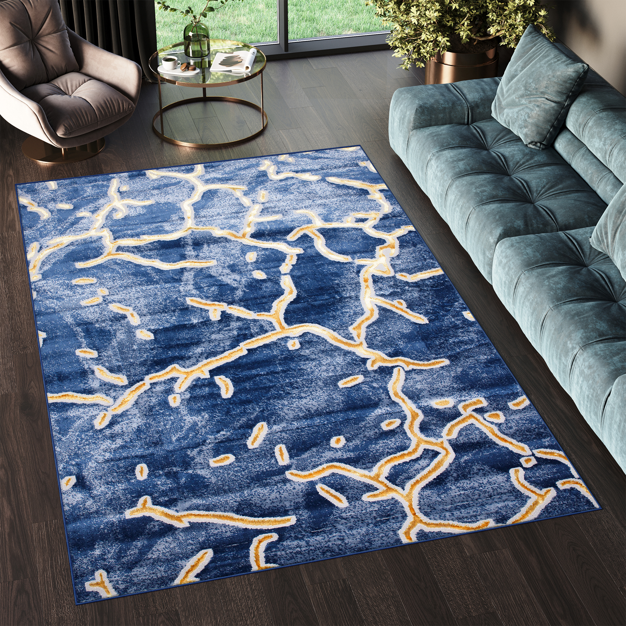 Covor Shine Bleumarin Auriu Abstract Efect 3D