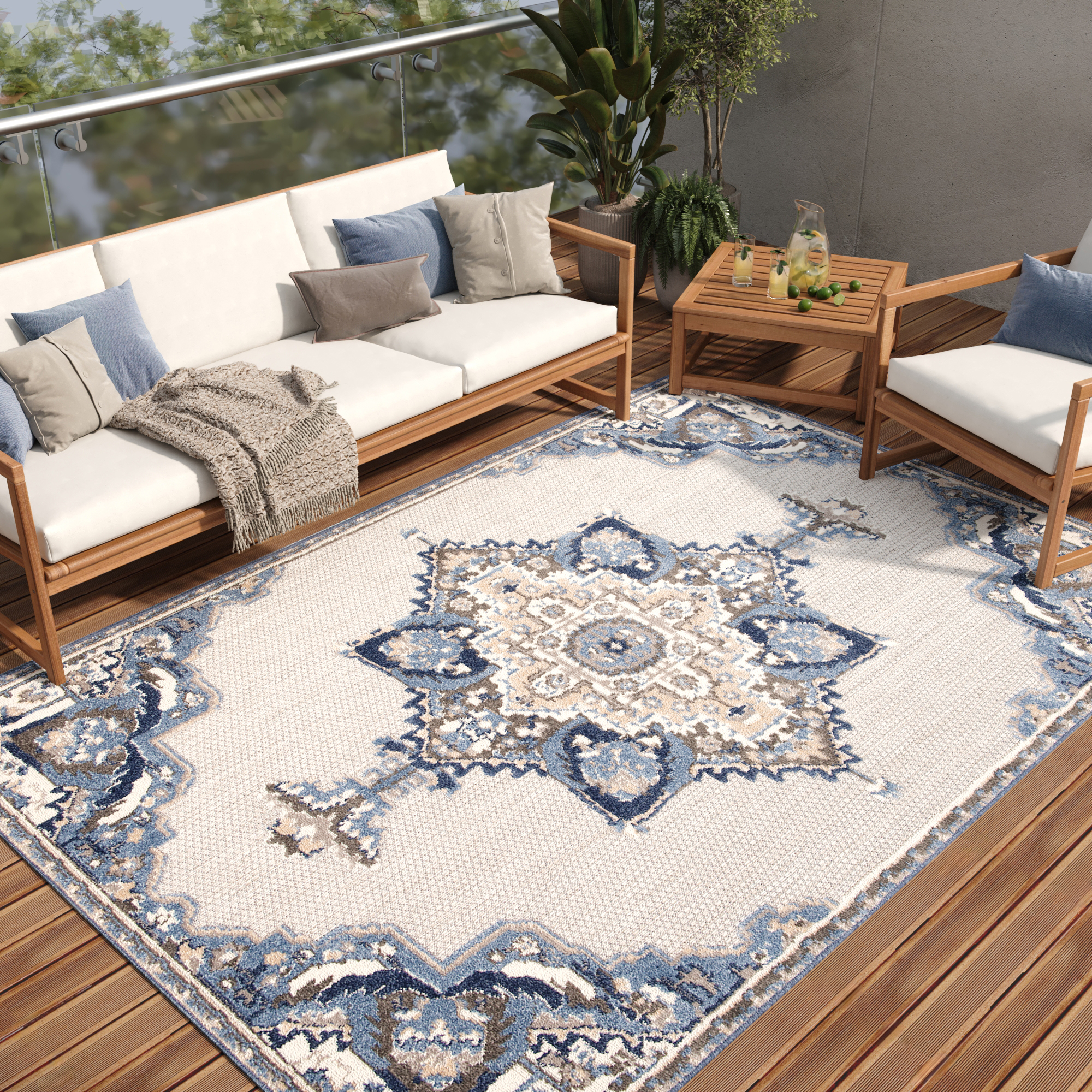 Covor de Exterior Patio Gri Albastru Vintage