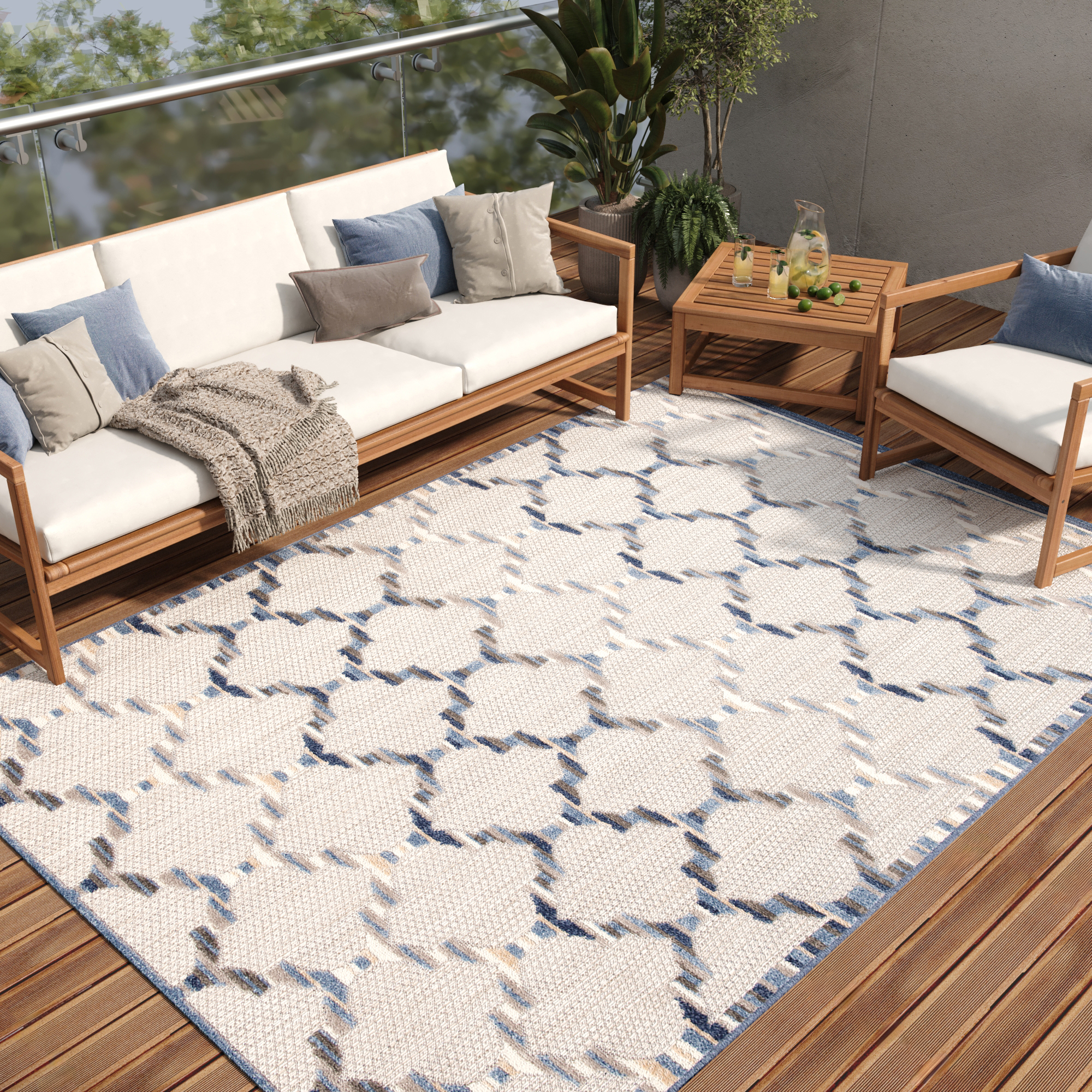 Covor de Exterior Patio Gri Albastru Trellis