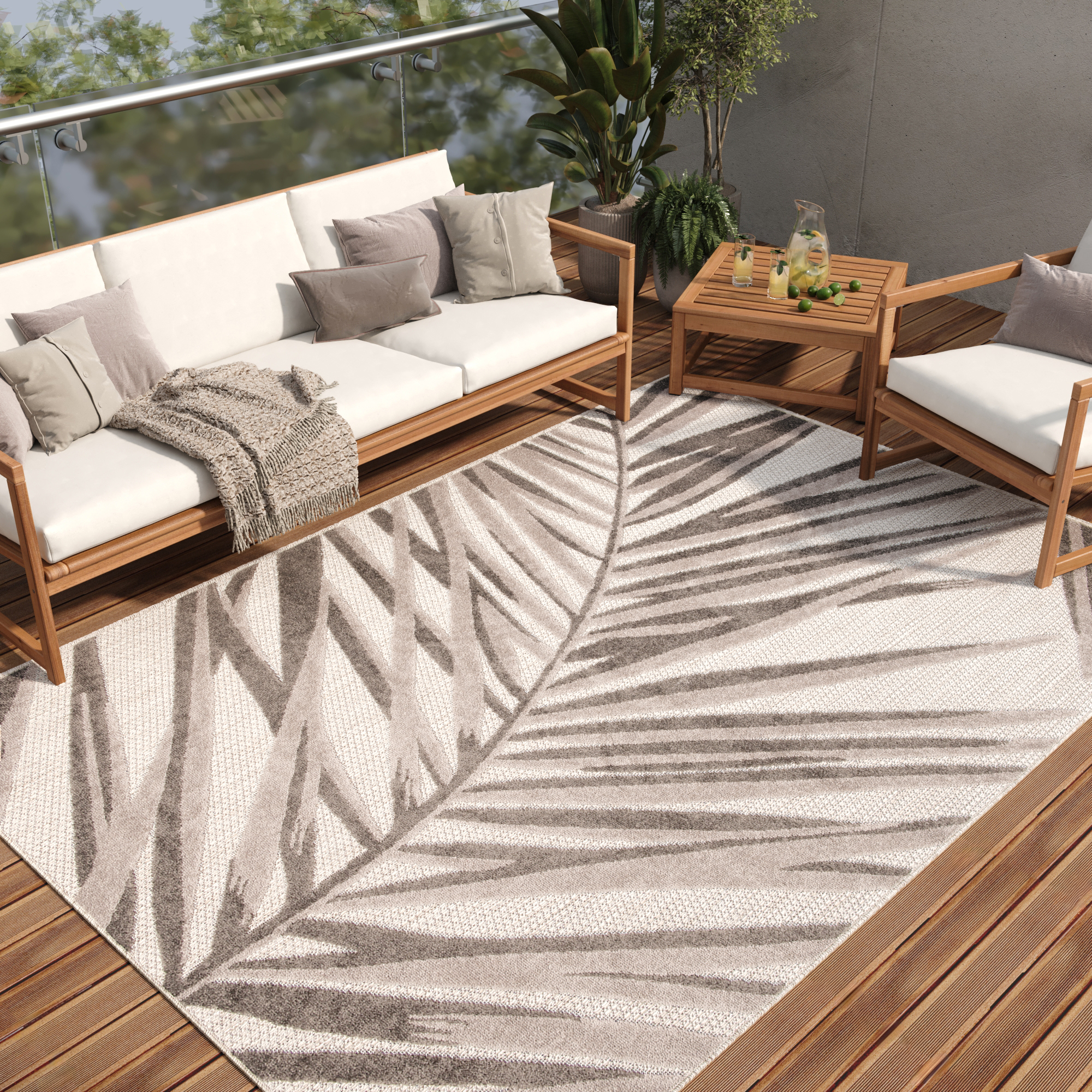 Covor de Exterior Patio Gri Bej Frunze