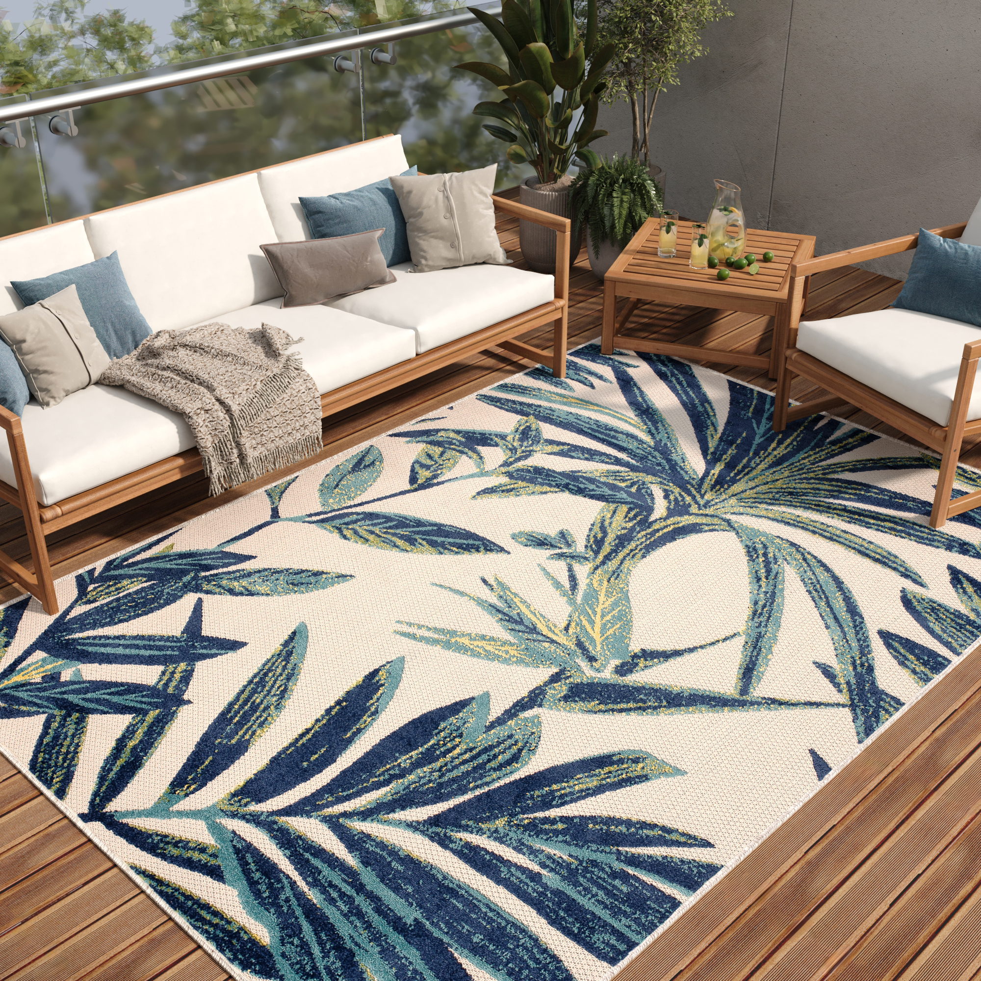 Covor de Exterior Patio Crem Albastru Frunze