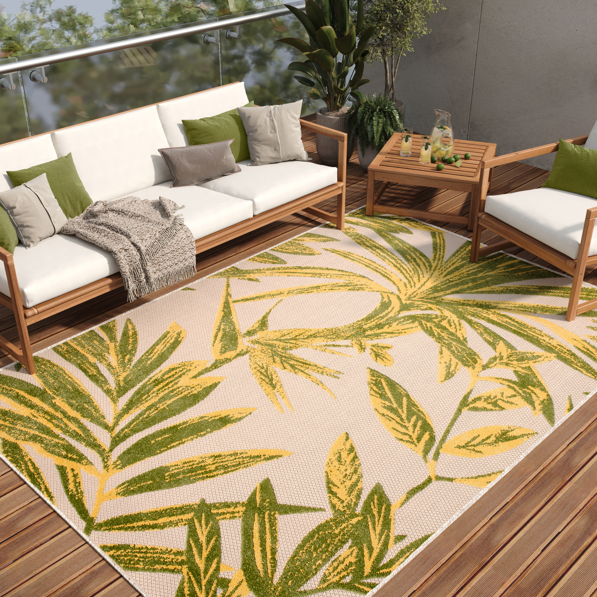 Covor de Exterior Patio Crem Verde Frunze