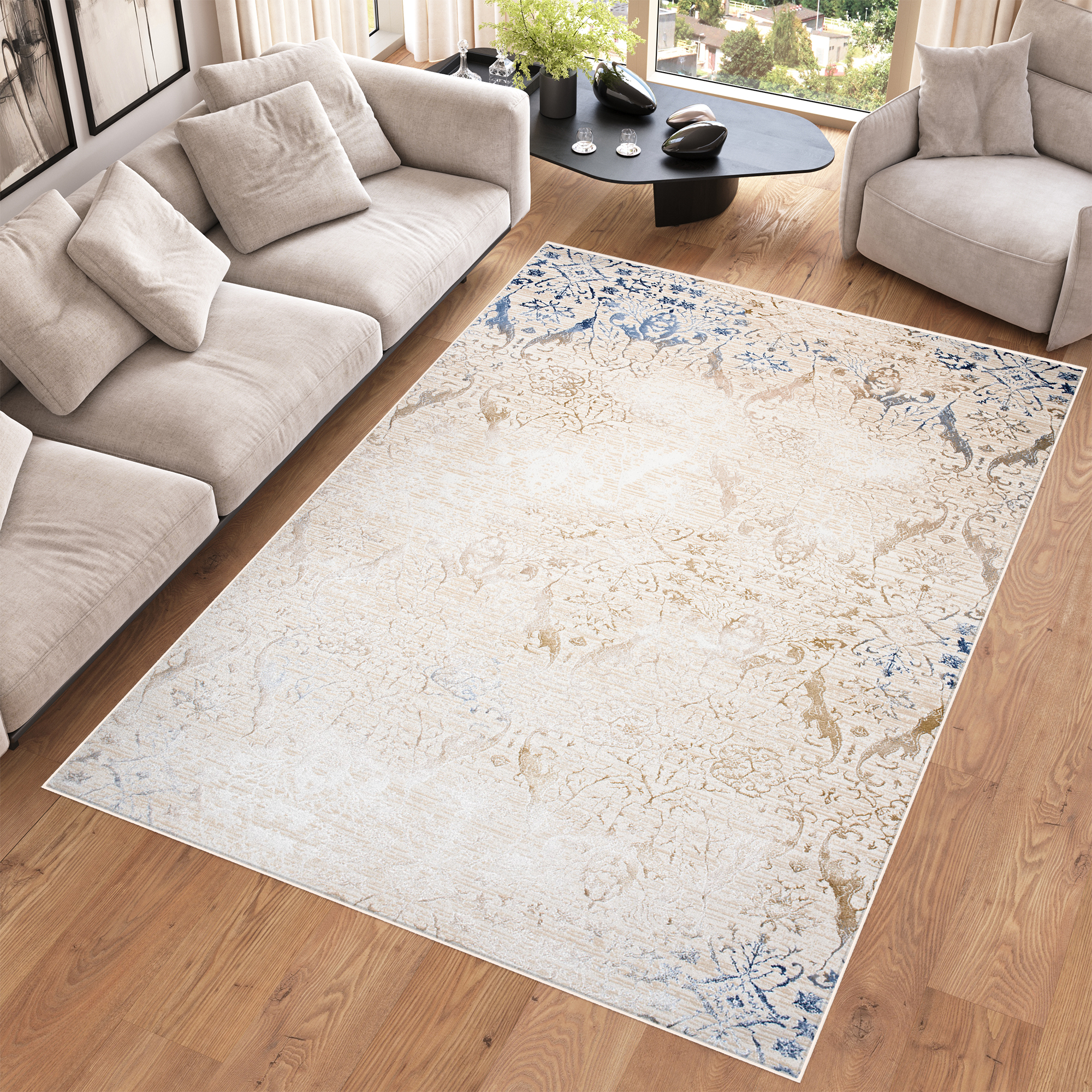 Covor Hera Crem Bej Albastru Ornamente Efect 3D