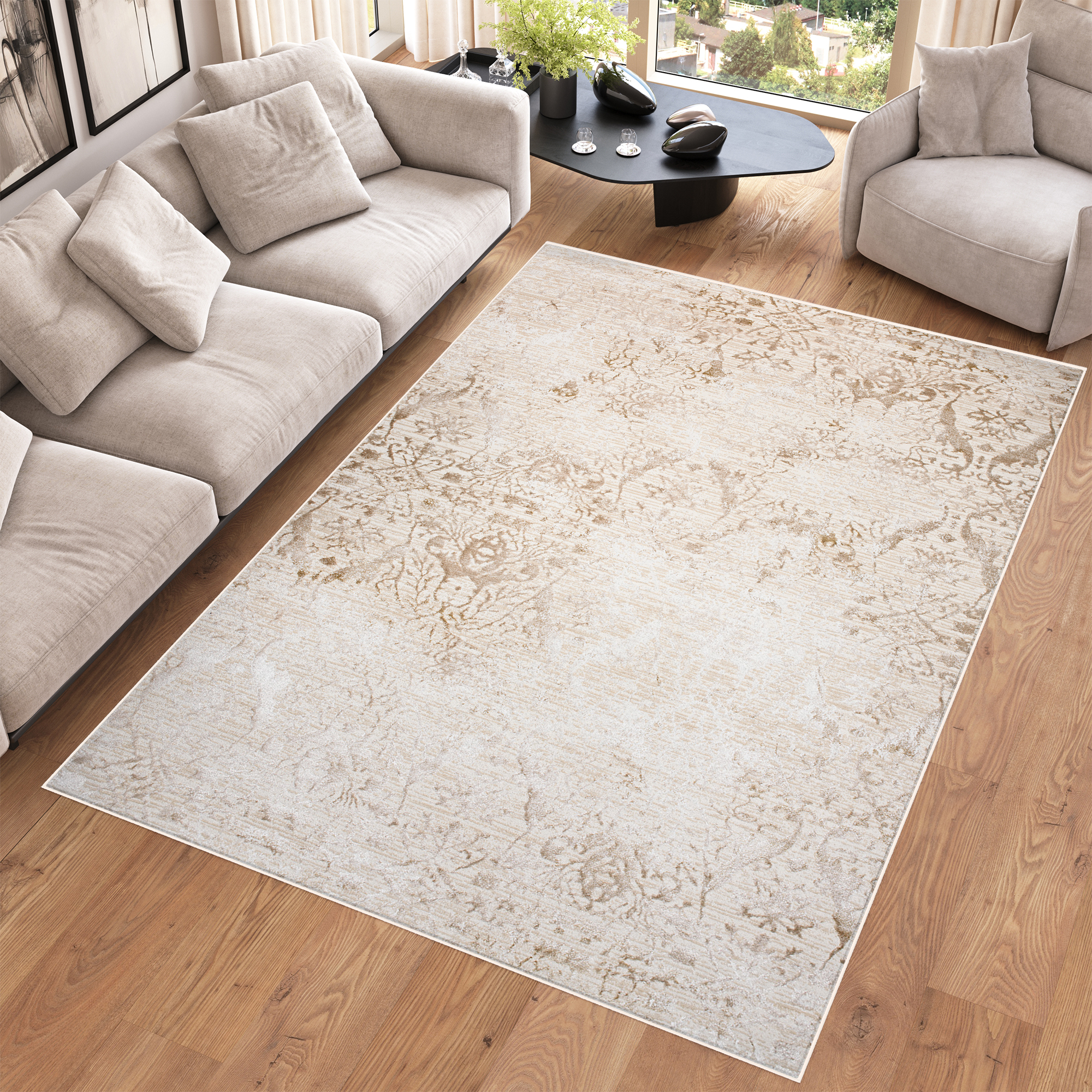 Covor Hera Crem Bej Ornamente Vintage Efect 3D