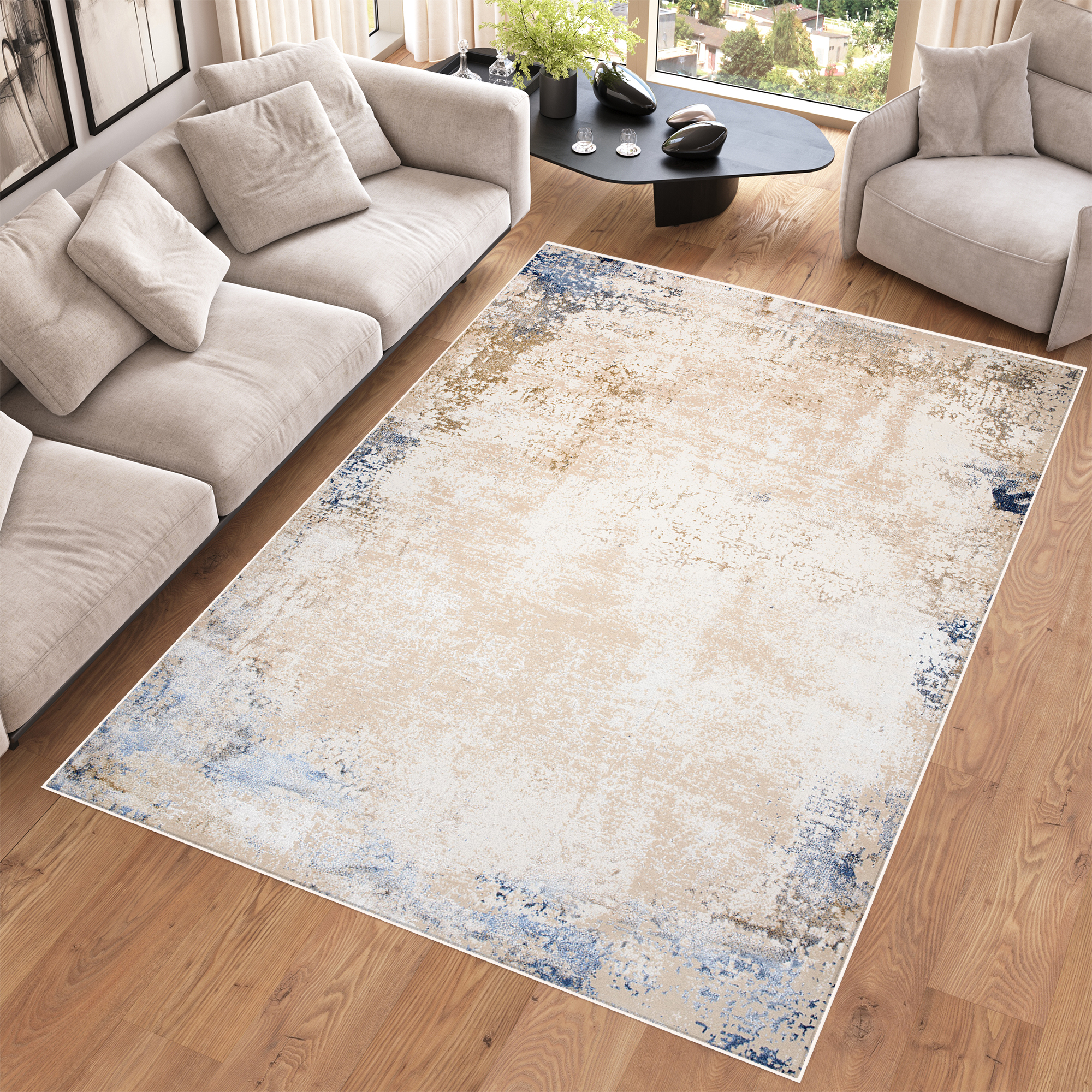 Covor Hera Crem Bej Albastru Modern Efect 3D