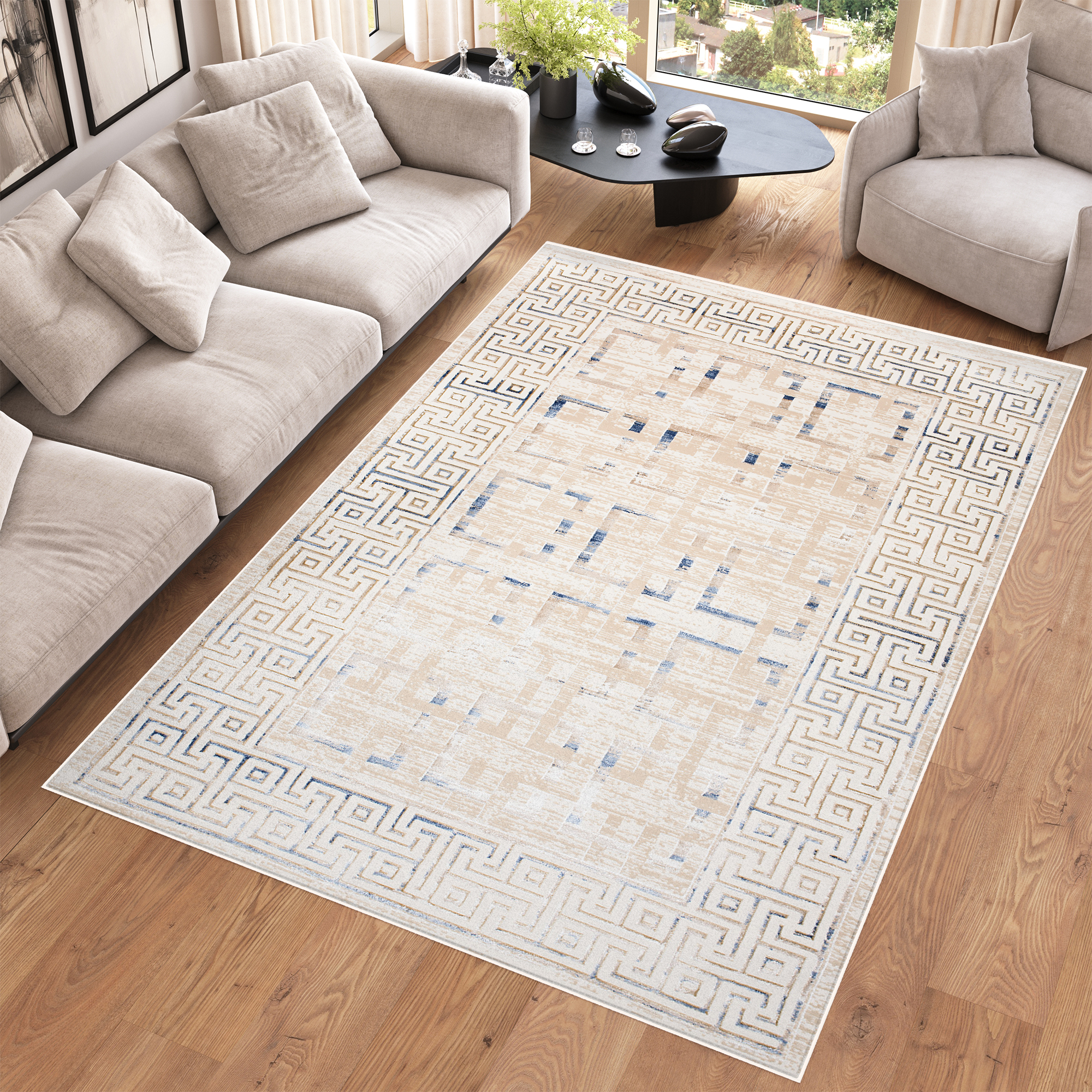 Covor Hera Crem Bej Albastru Geometric Efect 3D
