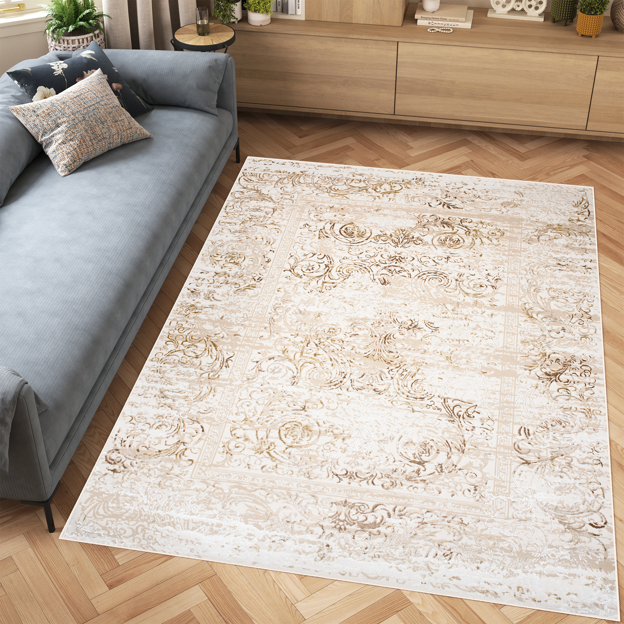 Covor Hera Vintage Bej Crem Efect de Uzură Efect 3D