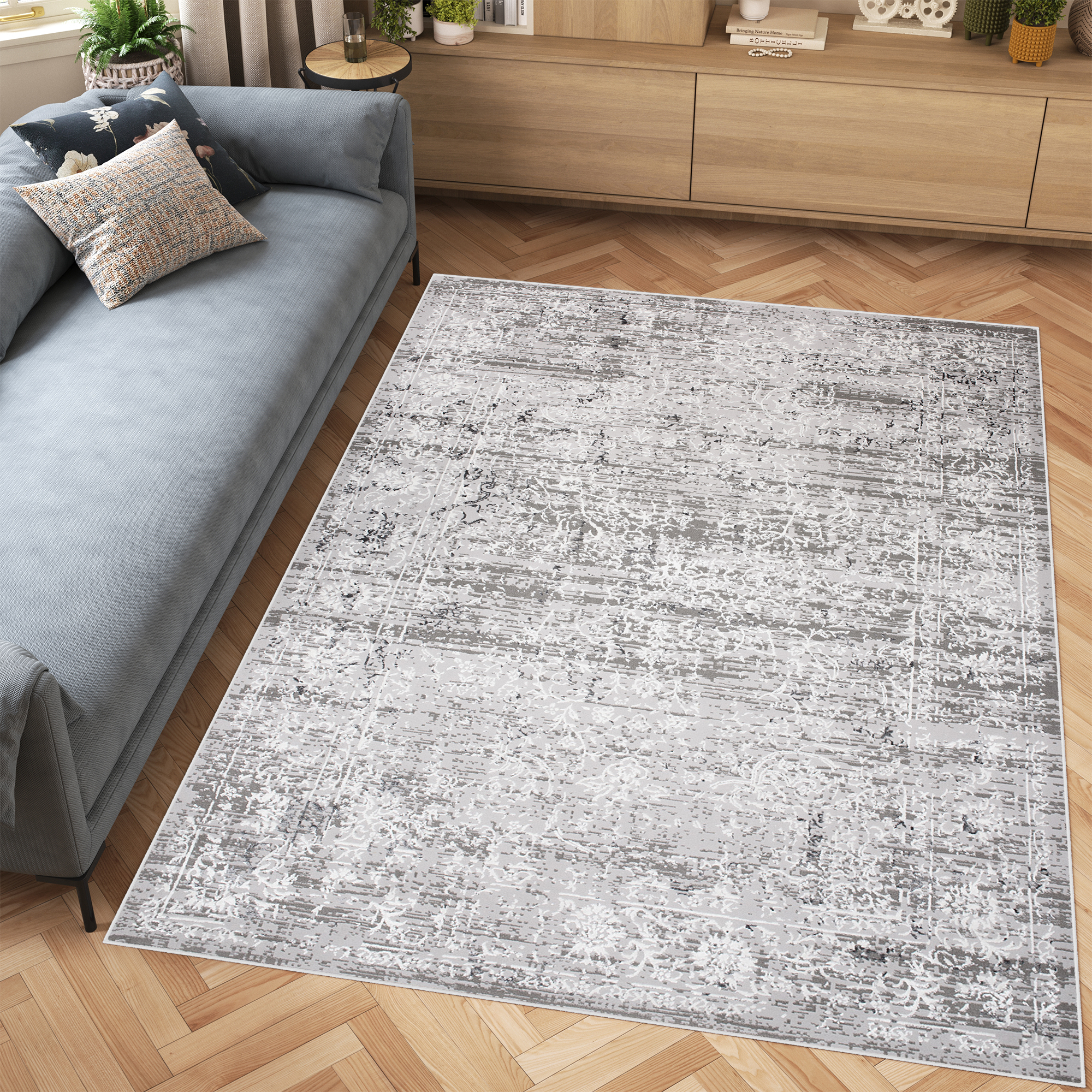 Covor Hera Gri Închis Crem Ornamente Efect 3D