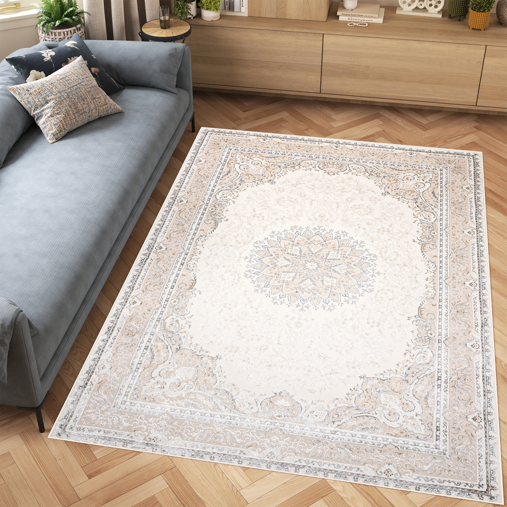 Covor Hera Crem Bej Gri Vintage Medalion Efect 3D
