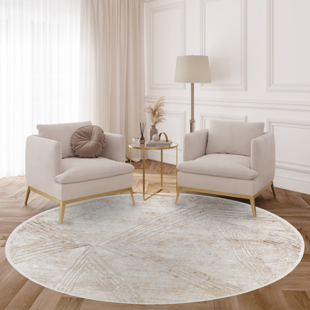Covor Crystal Rotund Crem Maro Efect de Uzură Linii