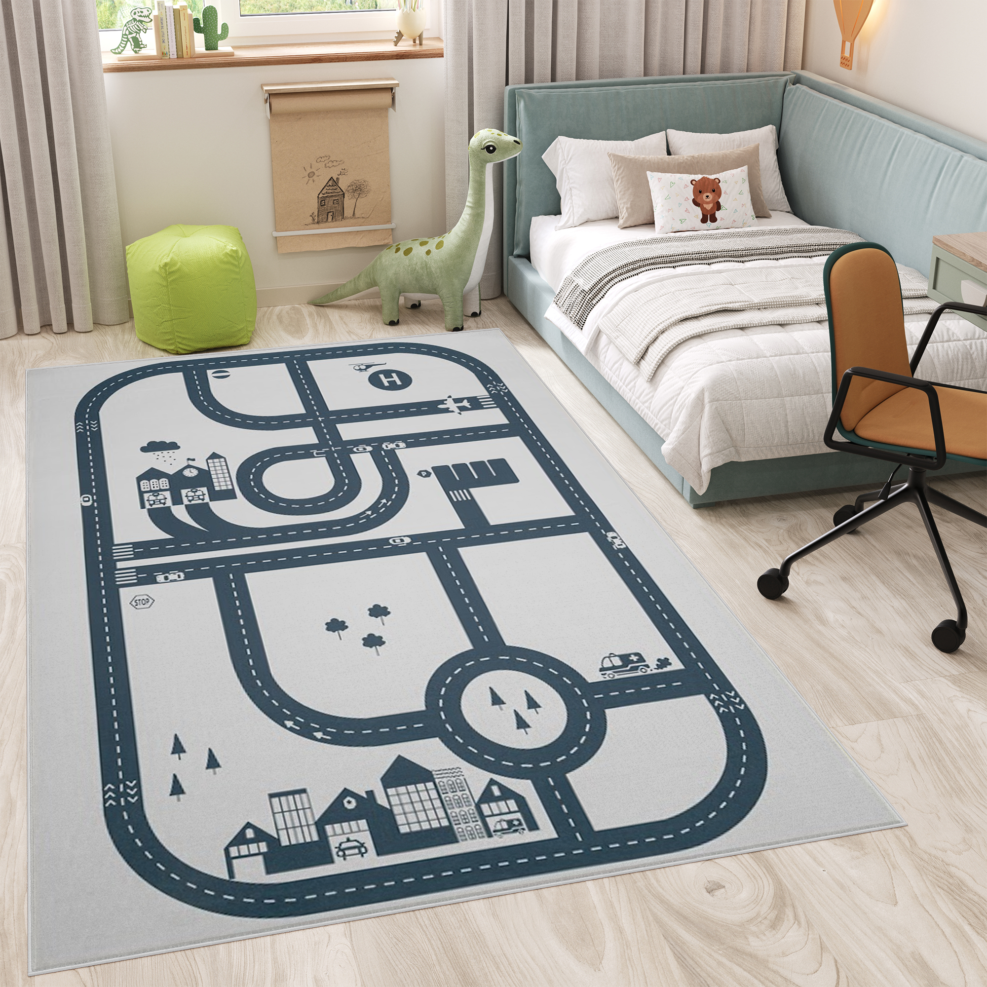 Covor Copii Snooki Oraș Gri Albastru Marin Antiderapant