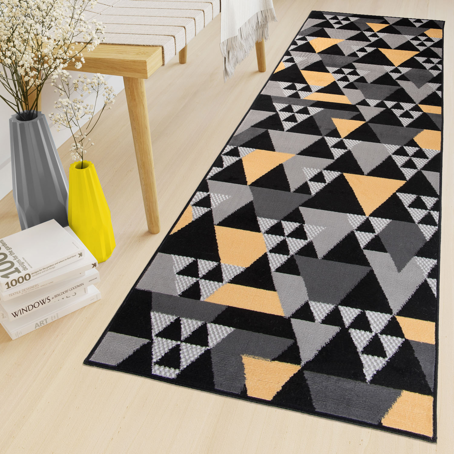 Covor Traversă Maya Gri Galben Geometric Triunghiuri