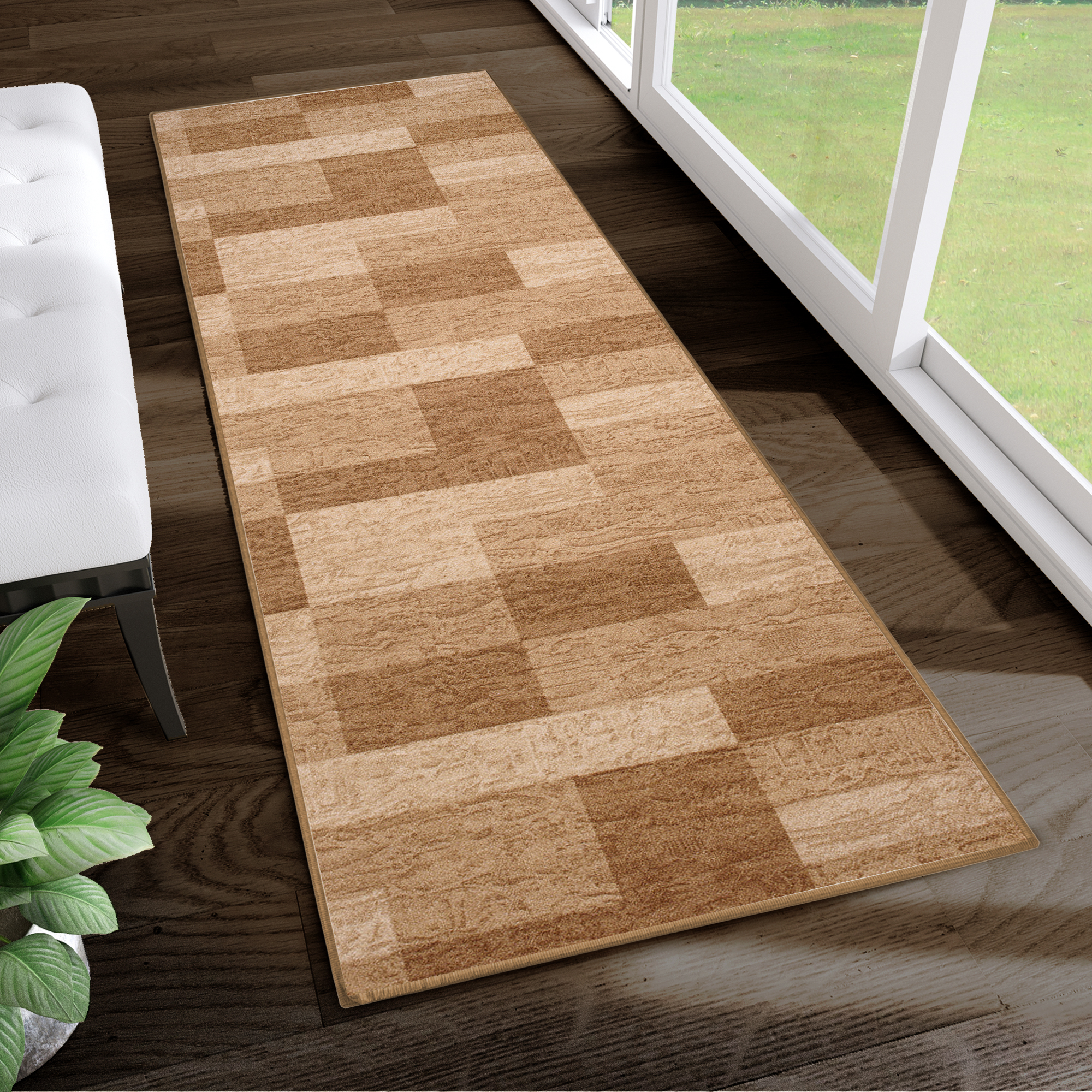 Covor Traversă Antiderapant Bej Geometric